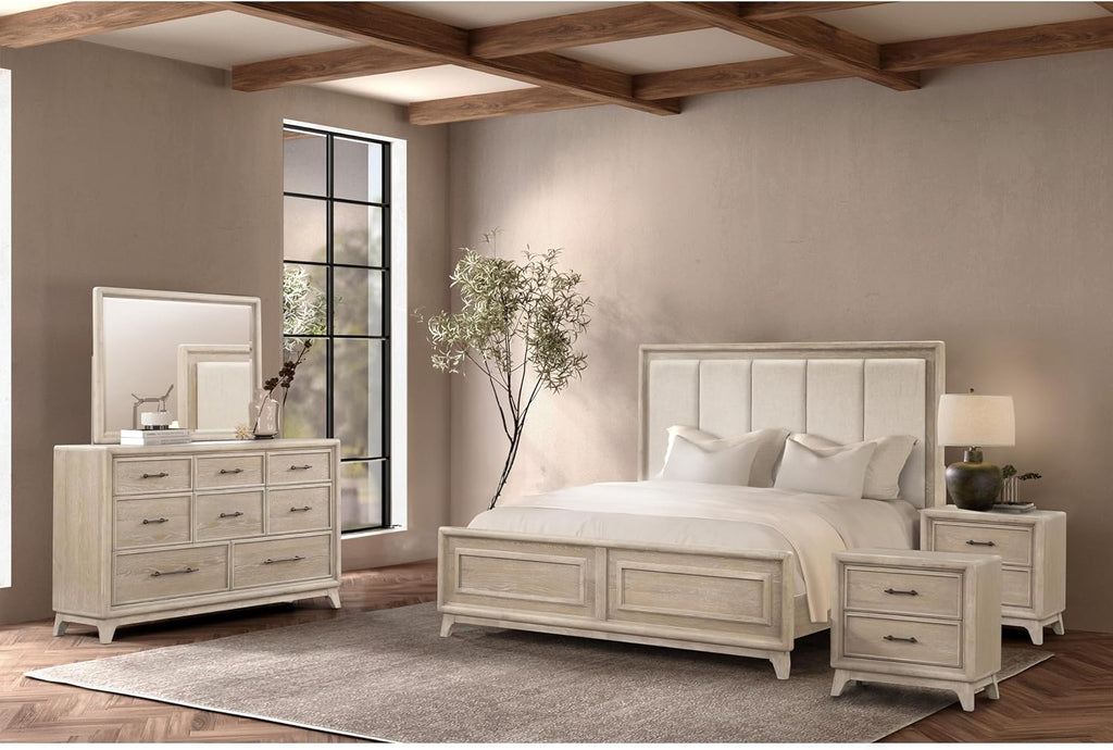Furniture of America Veralyn Modern Solid Wood 5-Piece Bedroom Set with Channel Padded Headboard, Black Metal Handle, Felt-Lined Top Drawer, Angled Bracketed Feet, Box Spring Needed, King, Oak