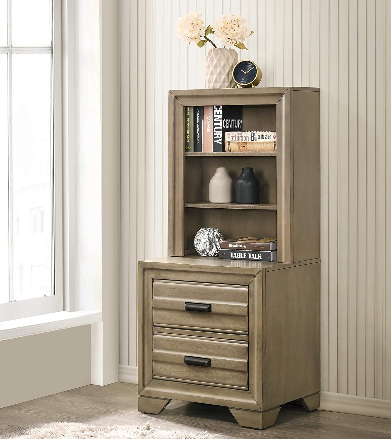 Roundhill Furniture Loiret Storage Platform King WallBed with Dresser and Mirror, Chest, Light Gray