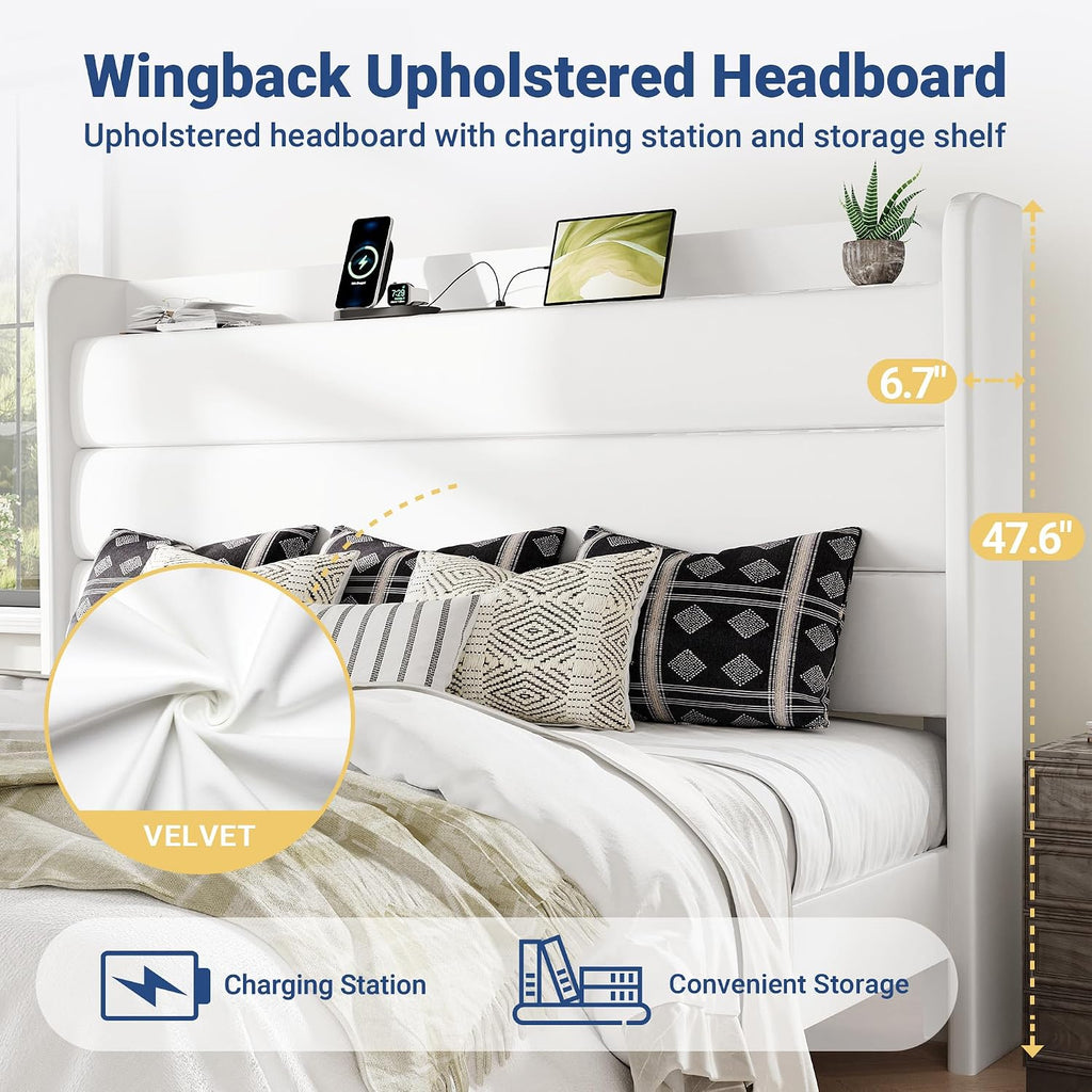 Allewie King Size Upholstered Bed Frame with Charging Station & Storage Headboard, Soft Velvet Wingback Platform Bed, Strong Wooden Slats Support, No Box Spring Needed, Easy Assembly, White