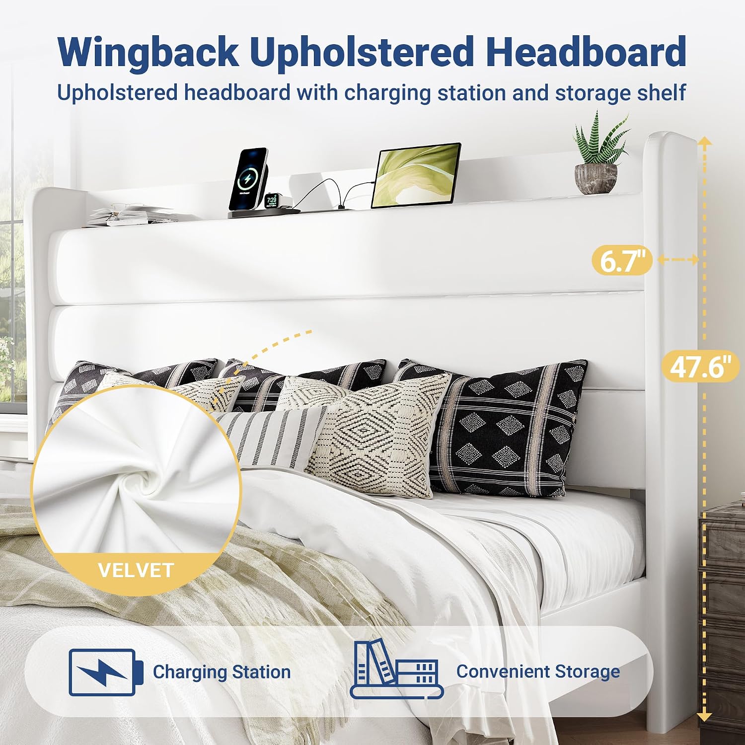 Allewie King Size Upholstered Bed Frame with Charging Station & Storage Headboard, Soft Velvet Wingback Platform Bed, Strong Wooden Slats Support, No Box Spring Needed, Easy Assembly, White