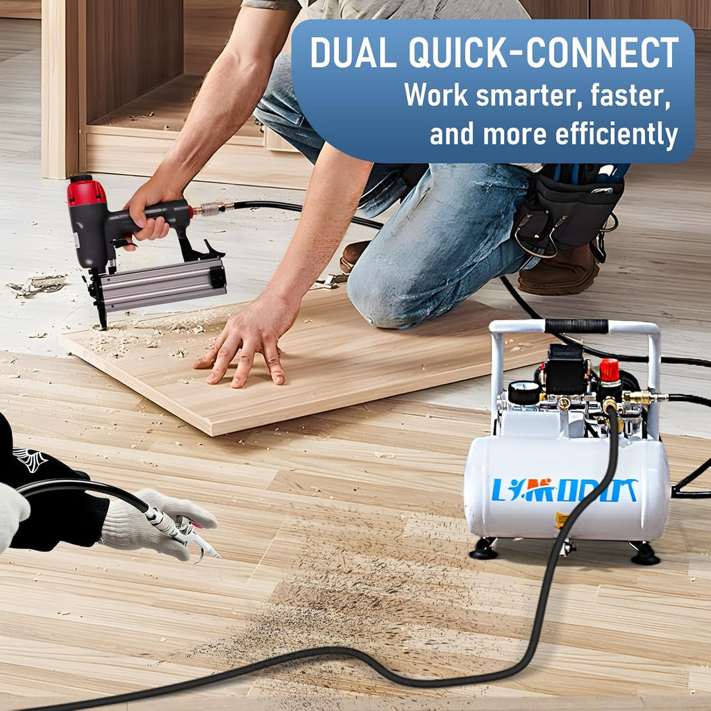 Limodot Ultra Quiet Air Compressor, Only 60dB, 1 Gallon Steel Tank, Oil-Free, Electric Air Compressor Perfect for Woodwork Nailing, Garage, Car, Pneumatic Tool, Includes 25 Ft. Air Hose Kit