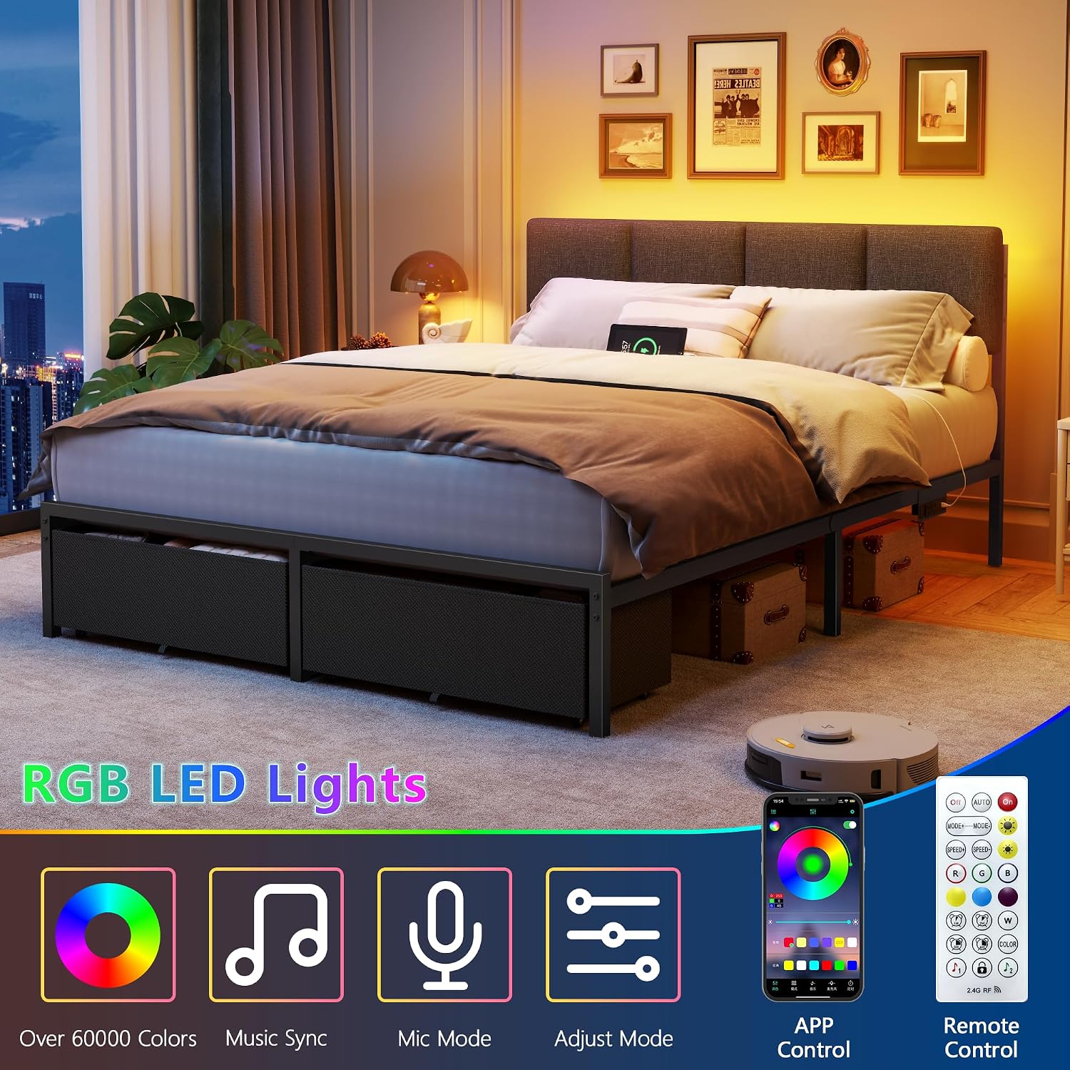Furnulem Queen Bed Frame with Adjustable Headboard, Upholstered Bed with 2 Storage Drawers, Built-in USB Charging Station & LED Lights, Platform Bedframe with Metal Slats, No Spring Box Needed, Grey