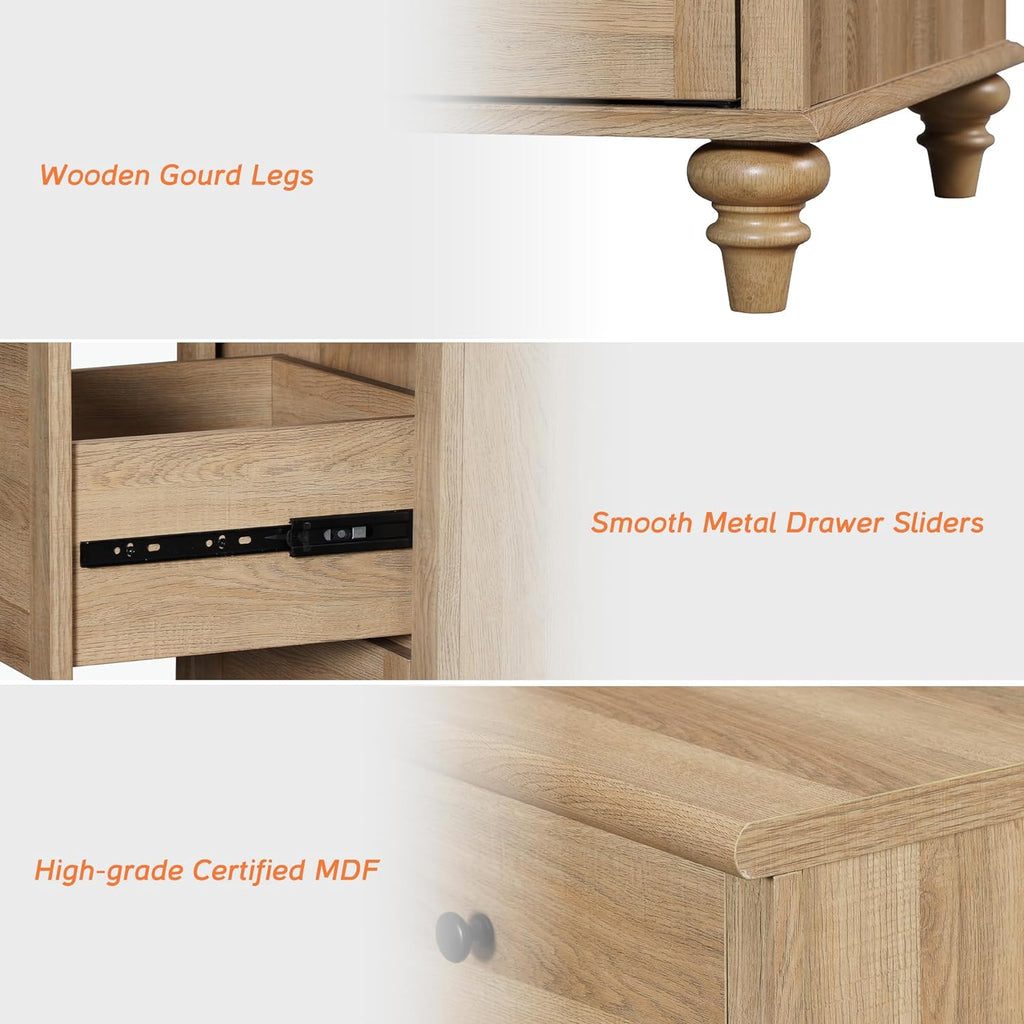 WAMPAT 4 Piece Dresser and Nightstand Sets - Includes Two Farmhouse 3 Drawer Dressers for Bedroom, Set of 2 Side Tables Bedside Table with Charging Station, 4 Piece Bedroom Set, Oak