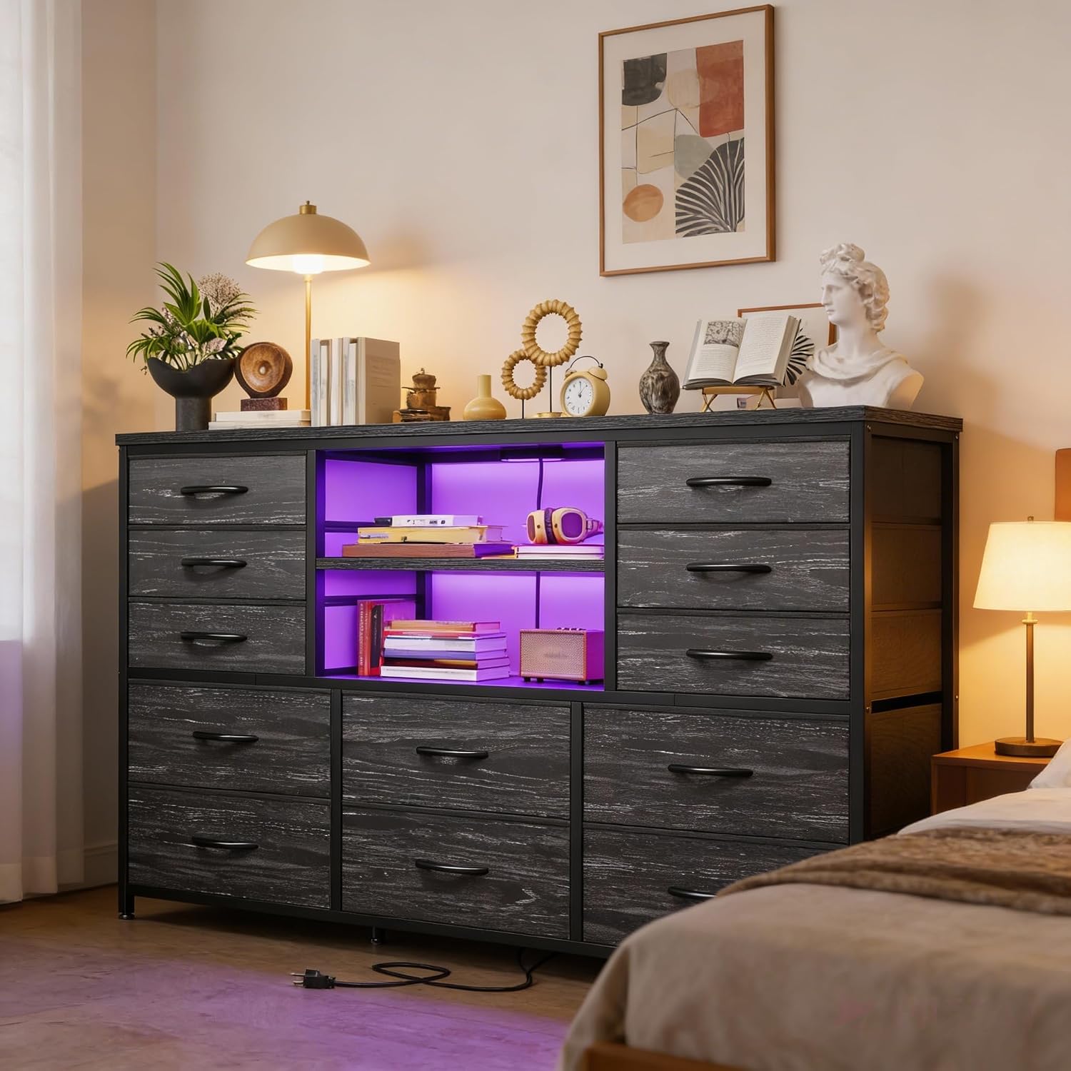 EnHomee 12 Drawers Dresser for Bedroom with LED Lights &Charging Station, TV Stand for 55/60'' TV, Fabric Dressers & Chests of Drawers with 3 Wooden Shelves for Hallway,Sturdy,Grain Black