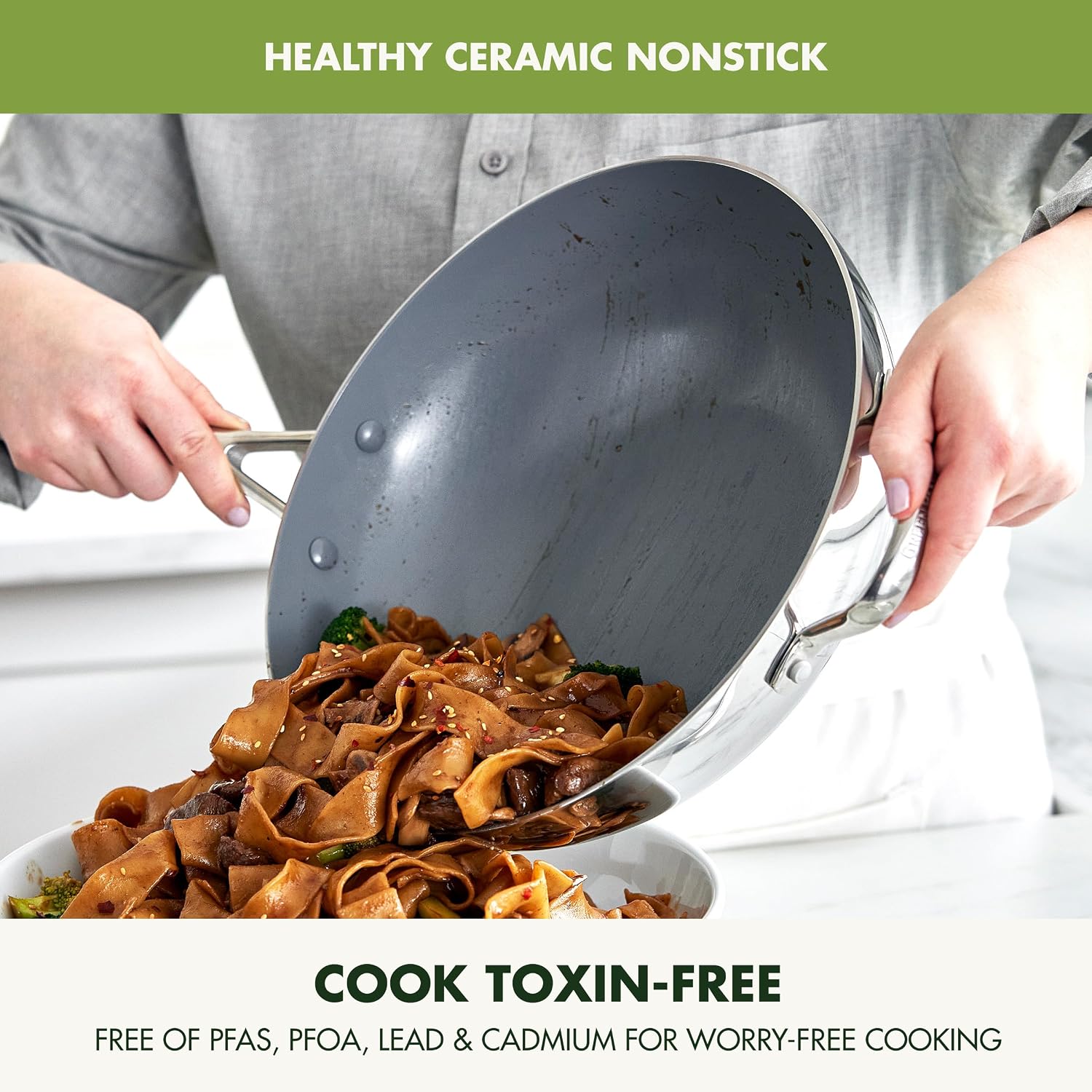 GreenPan Valencia Pro Tri-Ply Stainless Steel 12' Wok with Lid, PFAS-Free Ceramic Nonstick Coating, Induction Ready Cookware, All Cooktops, Dishwasher & Oven Safe to 600F