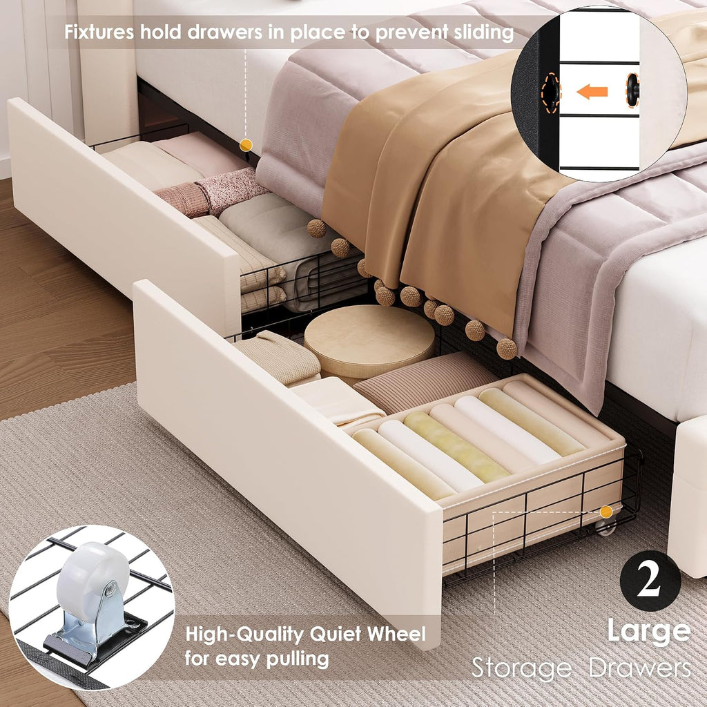 HIFIT Upholstered Twin LED Bed Frame with Charging Station Headboard & 2 Storage Drawer, Velvet Crystal Button-Tufted Princess Twin Size Platform Bed Frames for Girls, No Box Spring Needed, Beige