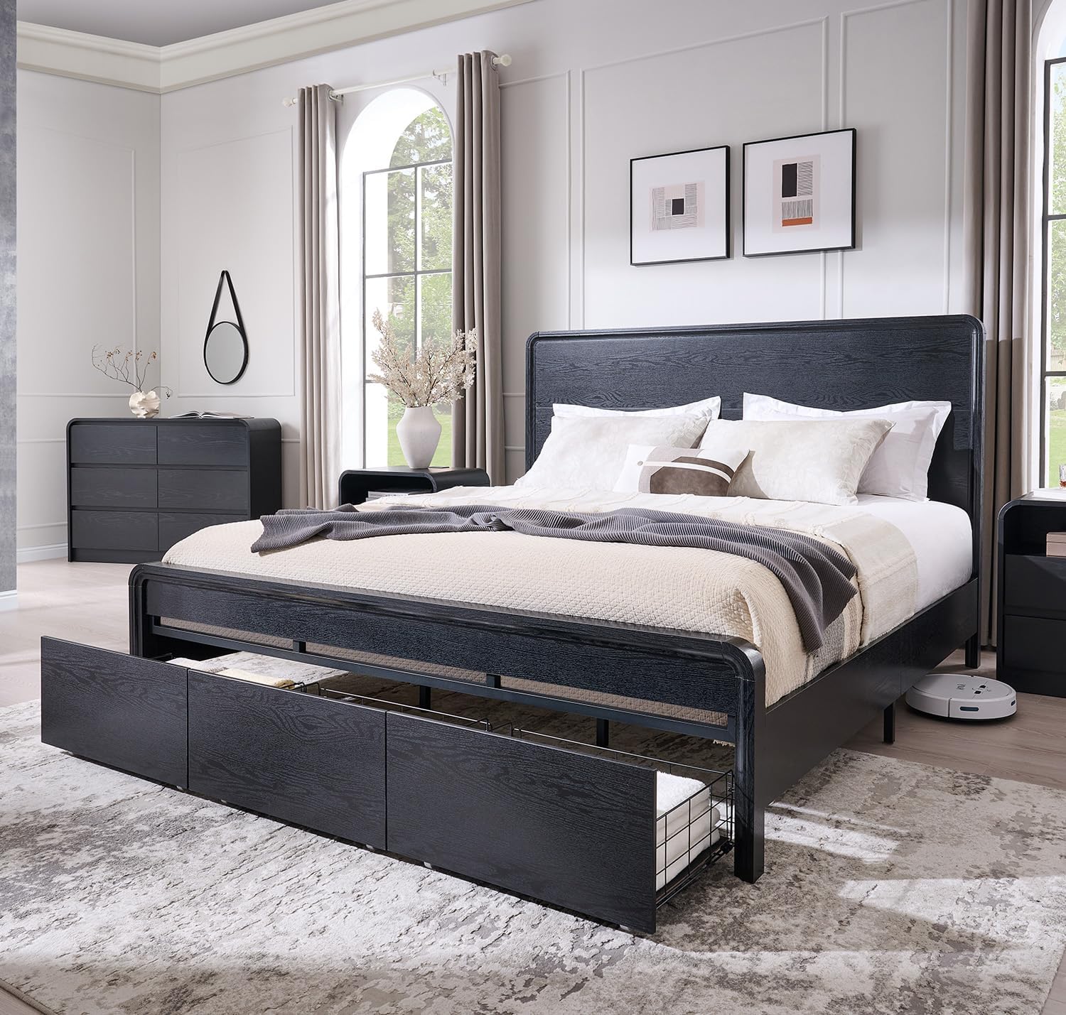 Aitjunz Modern King Size Bed Frame with 50' Tall Headboard, Wood King Size Platform Bed Frame w/3 Storage Drawers, Curved Profile Design, Wood & Steel Platform Bed, No Box Spring Needed, Black