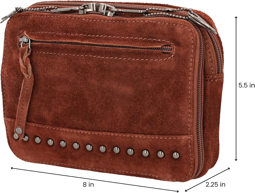 Lady Conceal Kailey Concealed Self Defence Waist Bag by Lady Conceal - Buffalo or Suede Cowhide Leather, 3 Open Sides and Locking Zippers with Universal Holster (Mahogany) - 8' L x 5.5' H x 2.25'