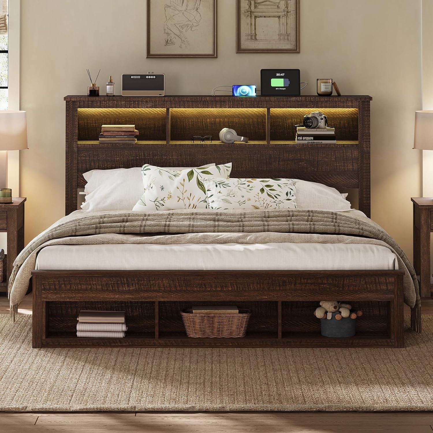 Albott Farmhouse King Size Bed Frame with Storage/Bookcase Headboard & Footboard, Wood Platform Bed with LED Lights/Charging Station, Heavy-Duty Metal Support/No Box Spring Needed/Noise-Free, Brown