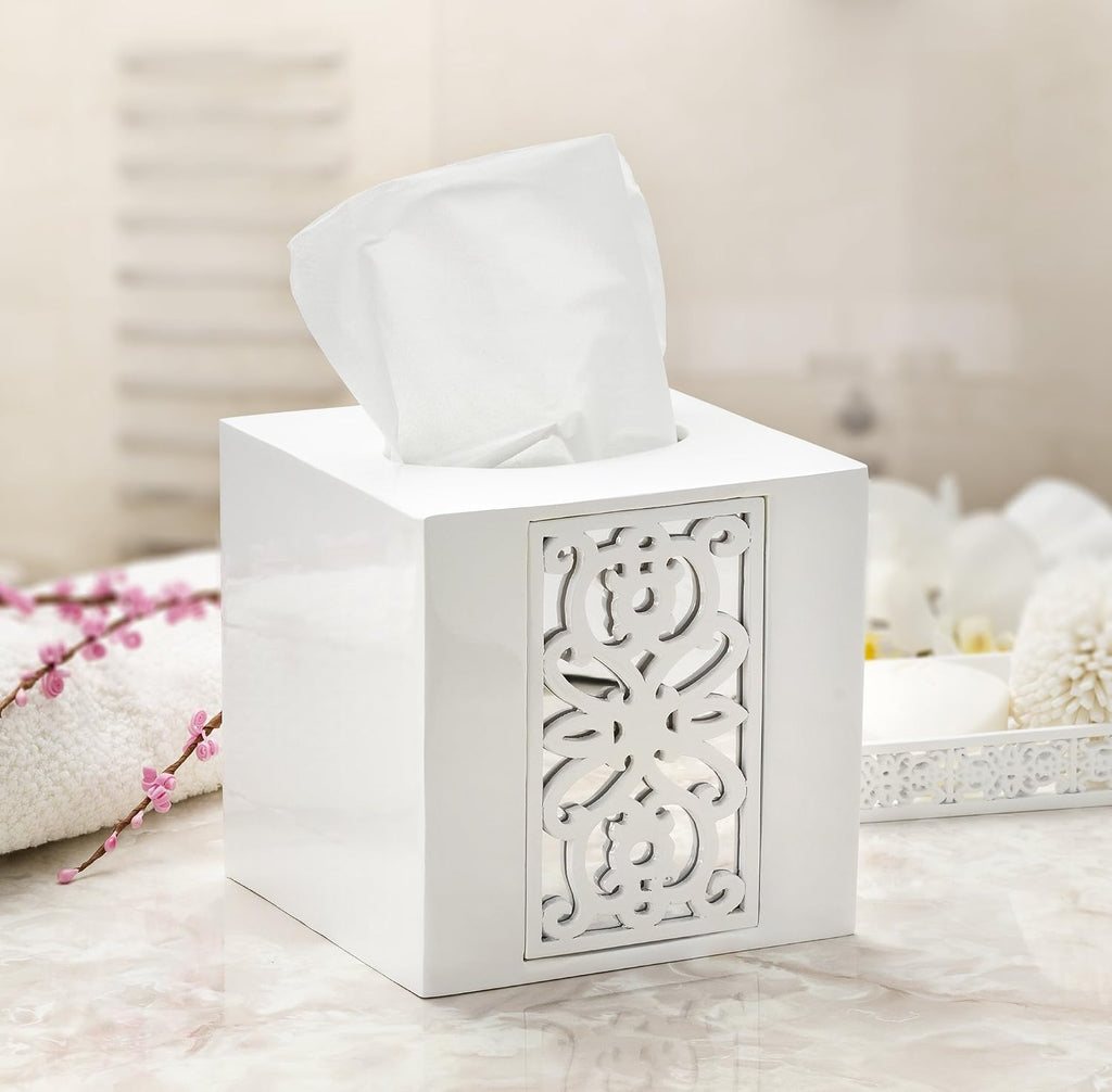 Creative Scents Mirror Janette White Bathroom Accessories Set Complete - 6 Piece Bathroom Set Includes: Soap Dispenser, Toothbrush Holder, Tumbler Cup, Soap Dish, Tissue Cover, and Wastebasket
