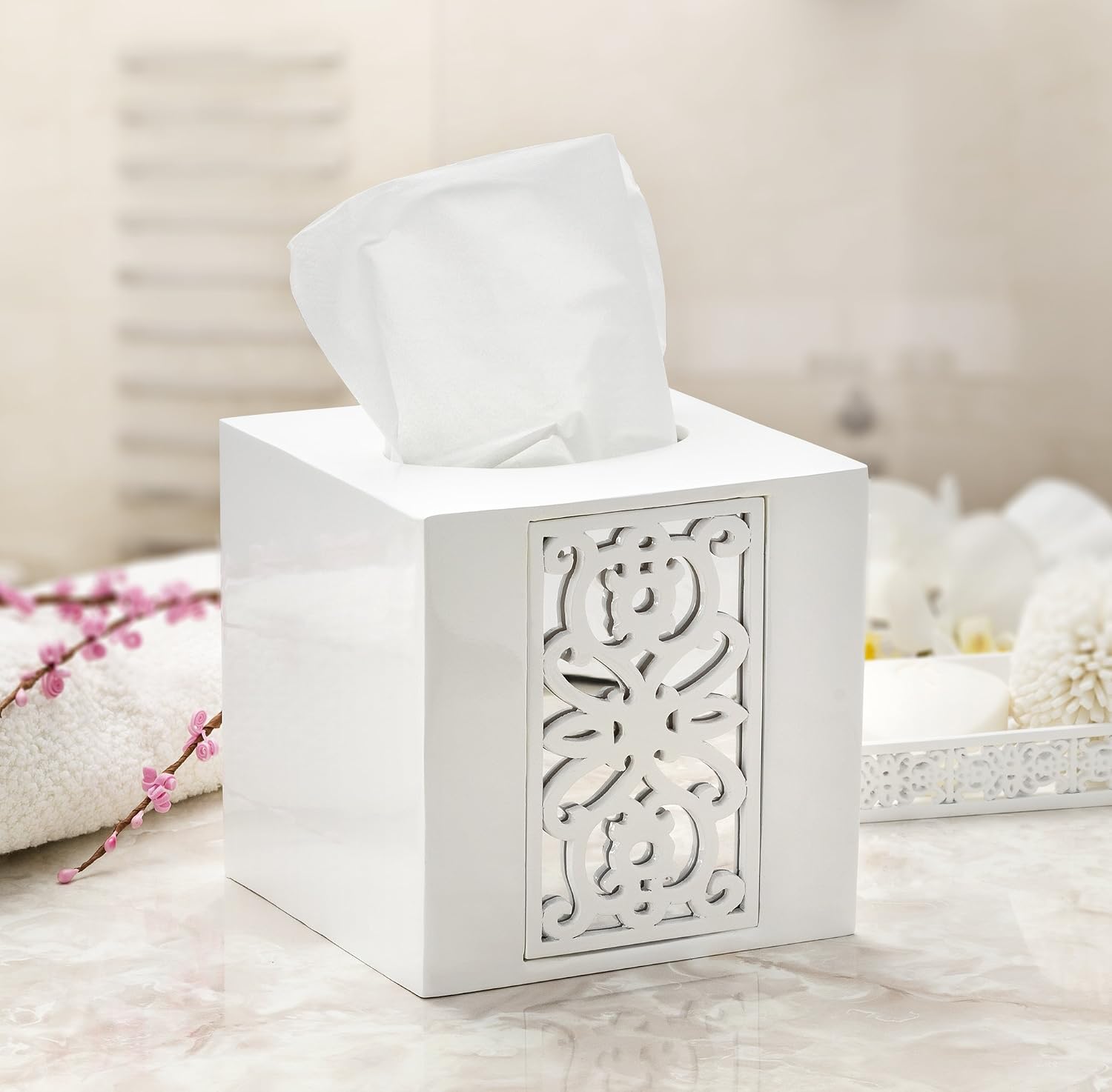 Creative Scents Mirror Janette White Bathroom Accessories Set Complete - 6 Piece Bathroom Set Includes: Soap Dispenser, Toothbrush Holder, Tumbler Cup, Soap Dish, Tissue Cover, and Wastebasket