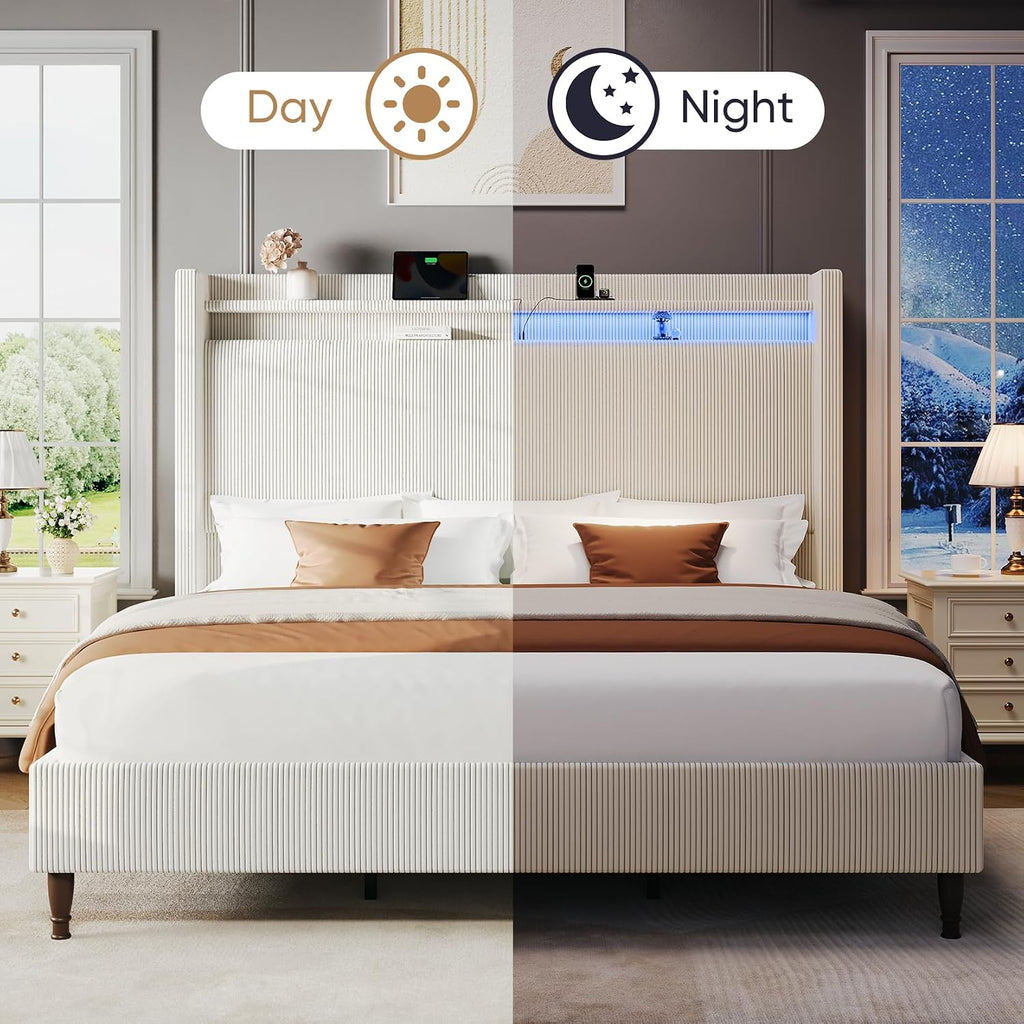 King Size Bed Frame with Tall Headboard, 55.3' Upholstered Platform King Bed Frame, Elegant Corduroy Wingback Bed with LED Lights & Charging Station, No Box Spring Needed, Solid Wood Slats, Cream