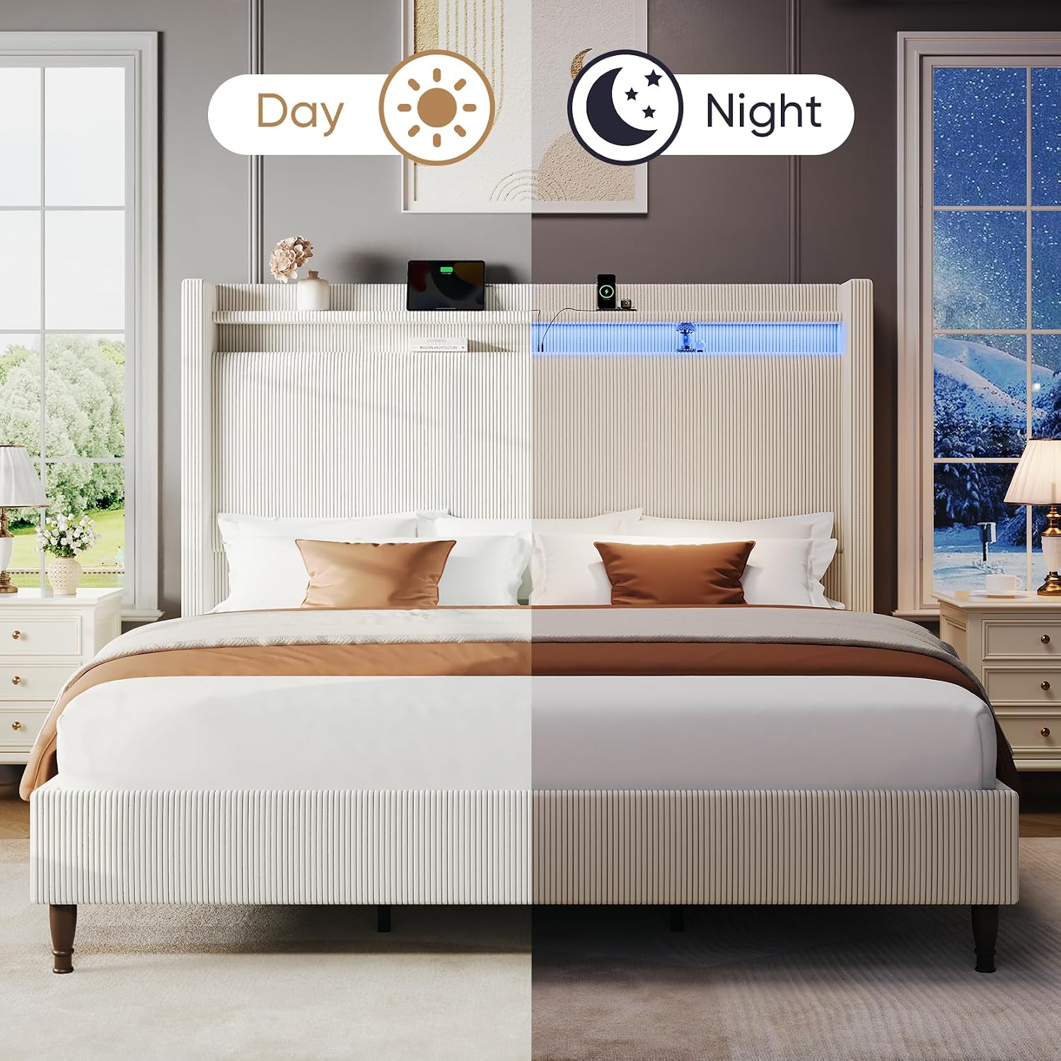 King Size Bed Frame with Tall Headboard, 55.3' Upholstered Platform King Bed Frame, Elegant Corduroy Wingback Bed with LED Lights & Charging Station, No Box Spring Needed, Solid Wood Slats, Cream