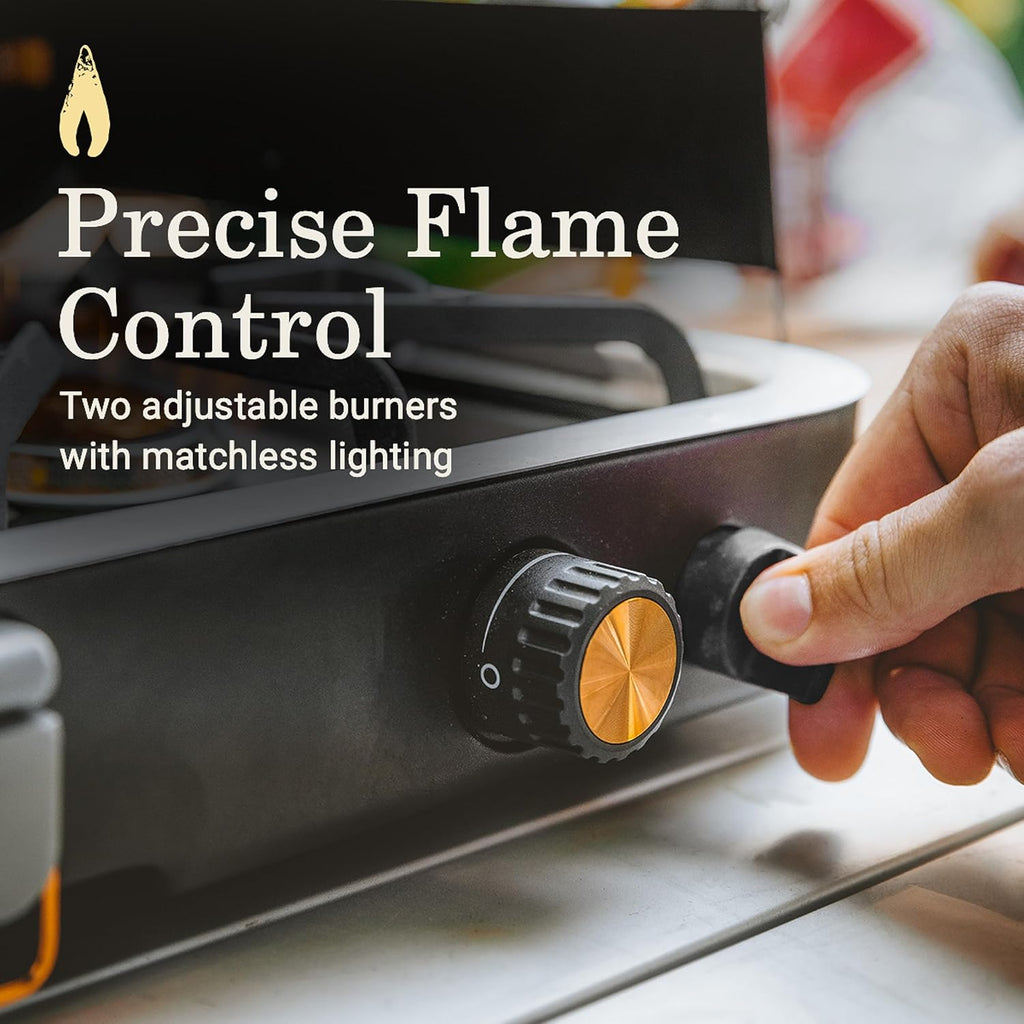 Coleman 1900 Collection 3-in-1 Propane Camping Stove, Cast Iron Grill & Griddle Accessories Included, 24,000 BTUs Across 2 Adjustable Burners with Wind Guards & Matchless Lighting