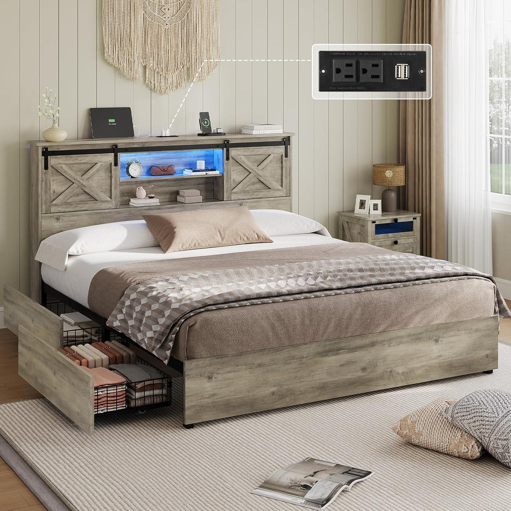 Hasuit Farmhouse Bed Frame King Size with 4 Storage Drawers, Wooden Platform King Beds with Charging Station and LED Lights, Rustic Bed with Storage Headboard and Sliding Barn Door