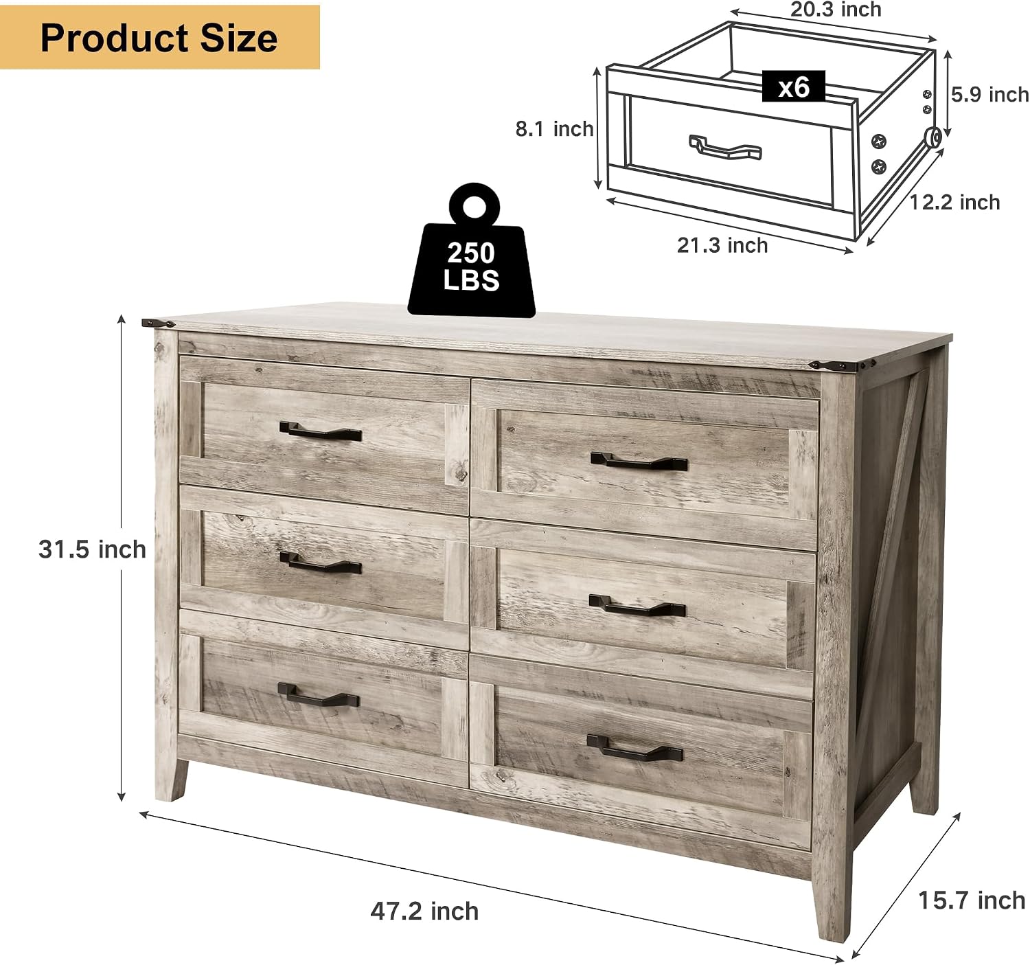 NEDYO 3PCS Farmhouse Dresser and Nightstand Sets, 6 Drawer Dresser and 2 Drawer Nightstand Set of 2 with Charging Station, Rustic Wooden Dresser Set for Bedroom. Light Rustic Oak
