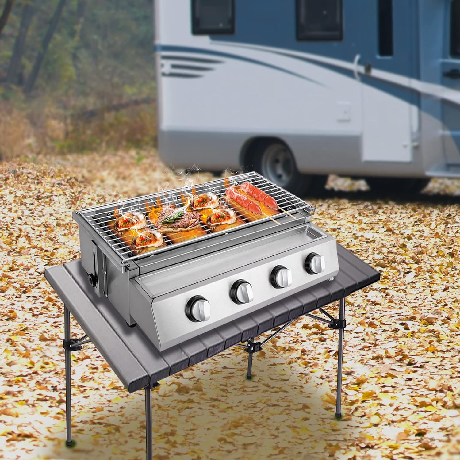 22'' Tabletop Grill Commercial LPG Gas BBQ Grill w/ 4 Burners Portable Gas Barbecues Griddle w/ 4 Independent Switches Gas Grill Griddle for Parties, Backyard barbecue, Camping or Picnicking