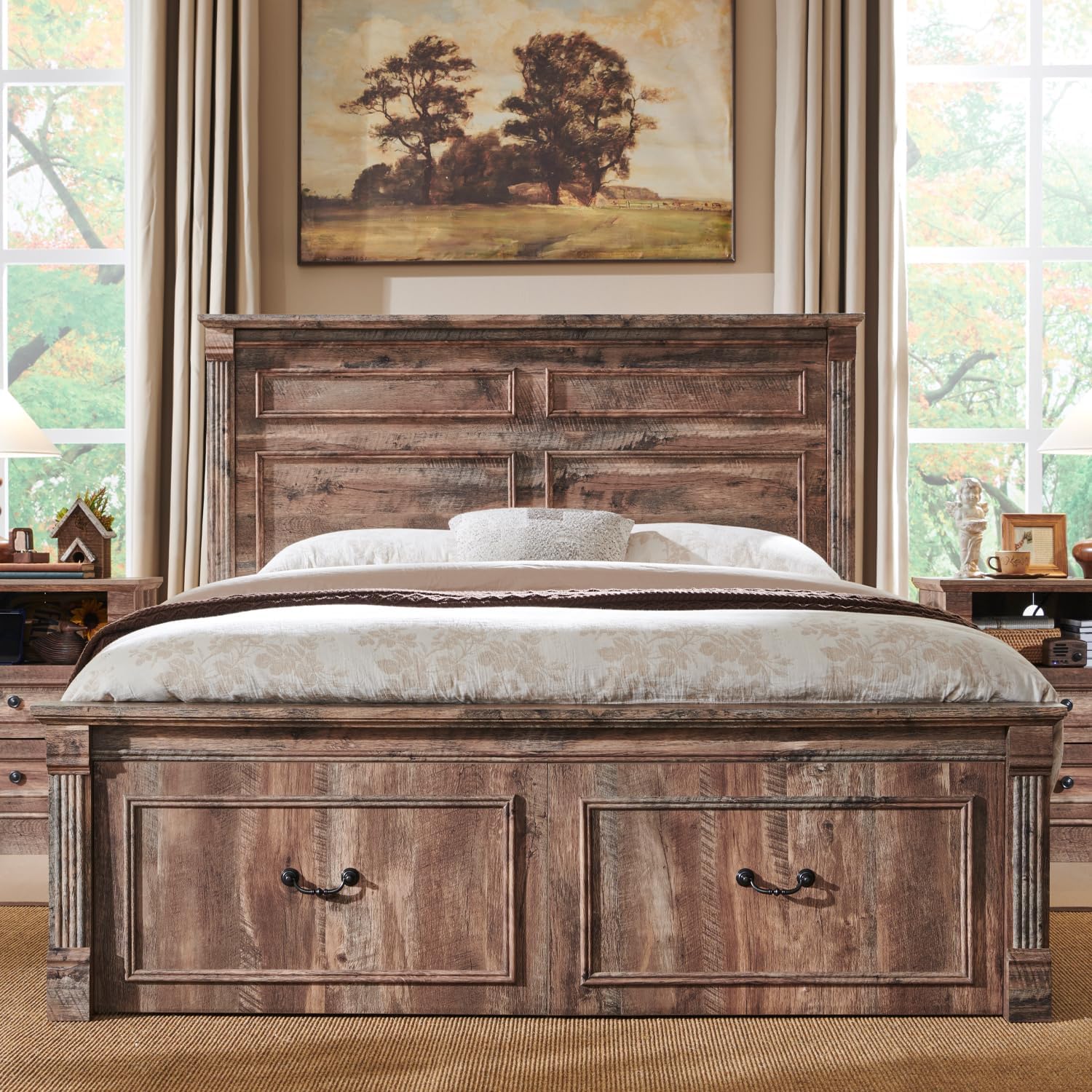 Aitjunz Farmhouse Full Size Bed Frame with 51' Tall Headboard, Wood Platform Bed Frame with 20' Tall Roman Column Decoration Footboard & 2 Large Storage Drawers, No Box Spring Needed (Light Brown)