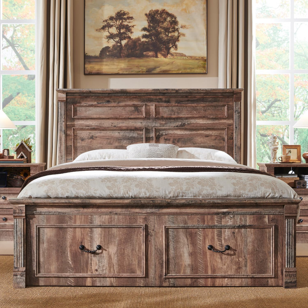 Aitjunz Farmhouse Queen Size Bed Frame with 51' Tall Headboard, Wood Platform Bed Frame with 20' Tall Roman Column Decoration Footboard & 2 Large Storage Drawers, No Box Spring Needed (Light Brown)