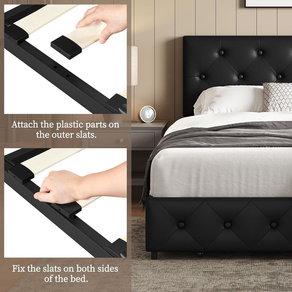 Yaheetech Full Bed Frame Upholstered Bed Frame with Adjustable Diamond Button-Tufted Headboard/3 Drawers Storage, Full Platform Bed/Strong Wooden Slats, Black Full Bed