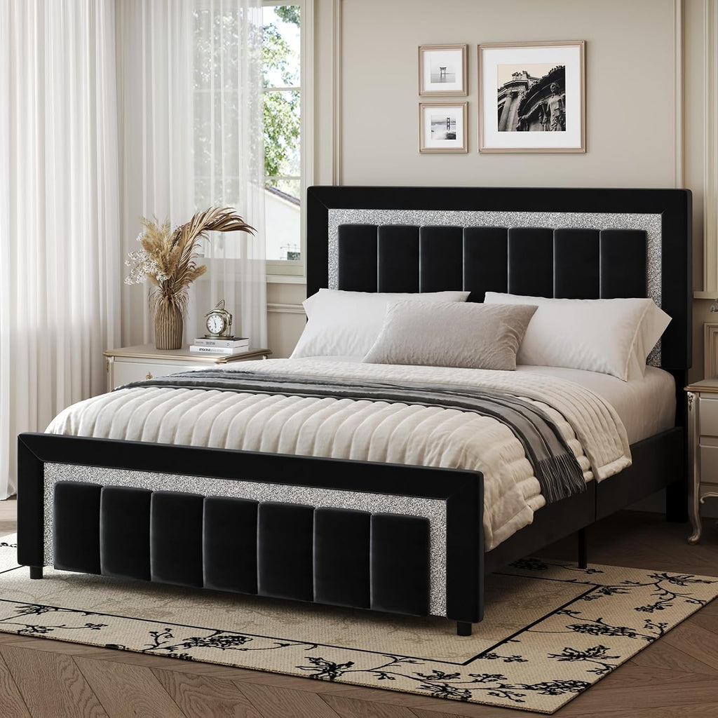HOMBCK Full Size Bed Frame with Headboard, Velvet Upholstered Bed with Diamond Design, Full Bed with Wooden Slats Support, Mattress Foundation, No Box Spring Needed, Easy Assembly, Black