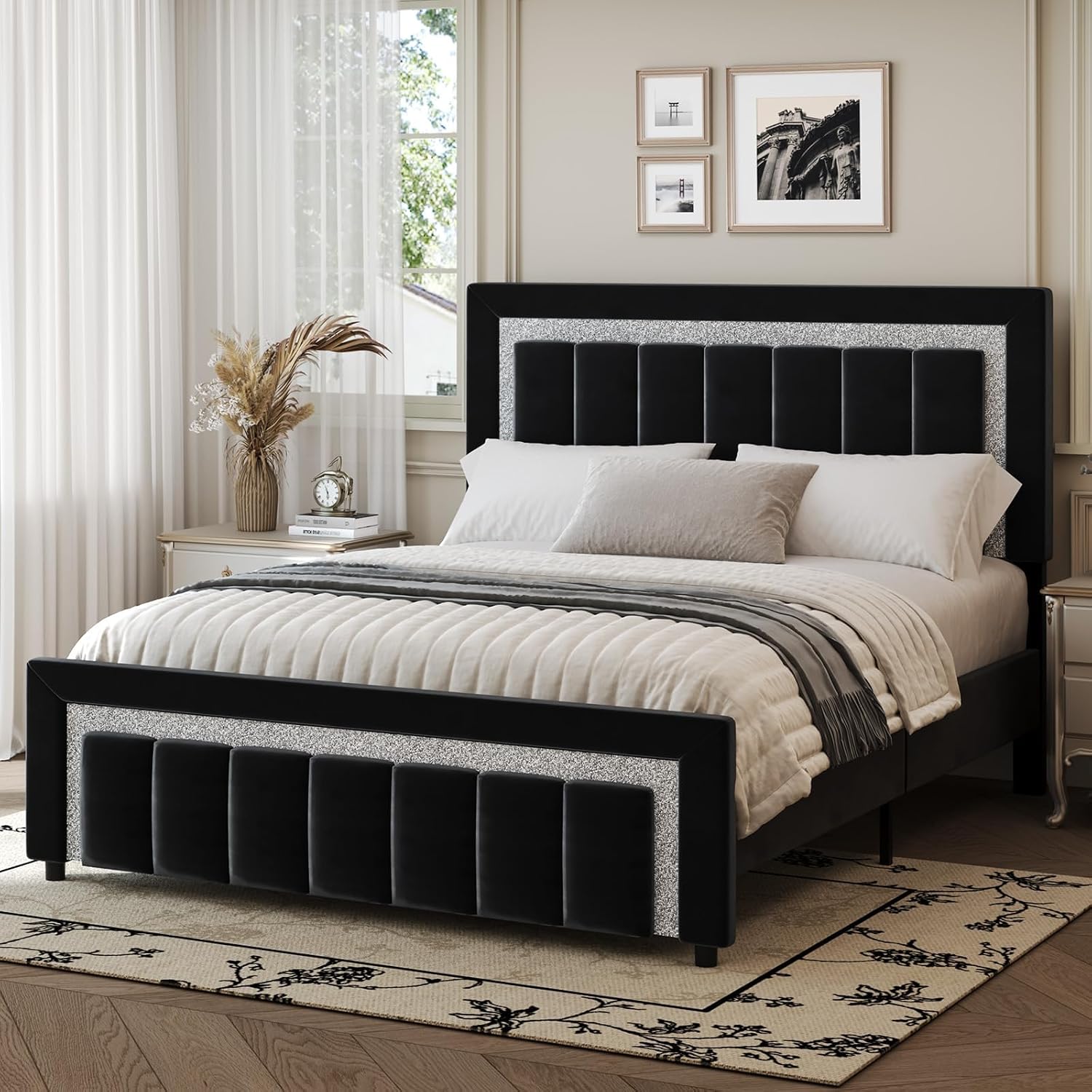 HOMBCK Full Size Bed Frame with Headboard, Velvet Upholstered Bed with Diamond Design, Full Bed with Wooden Slats Support, Mattress Foundation, No Box Spring Needed, Easy Assembly, Black