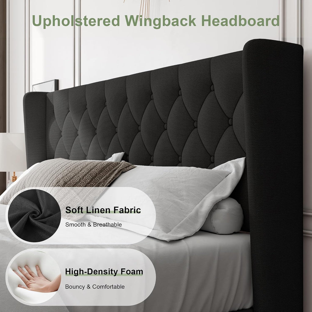 Feonase King Size Bed Frame with Wingback Tufted Headboard, Upholstered Platform Bed Frame with Heavy Duty Wooden Slats Support, Noise-Free, No Box Spring Needed, Easy Assembly, Black