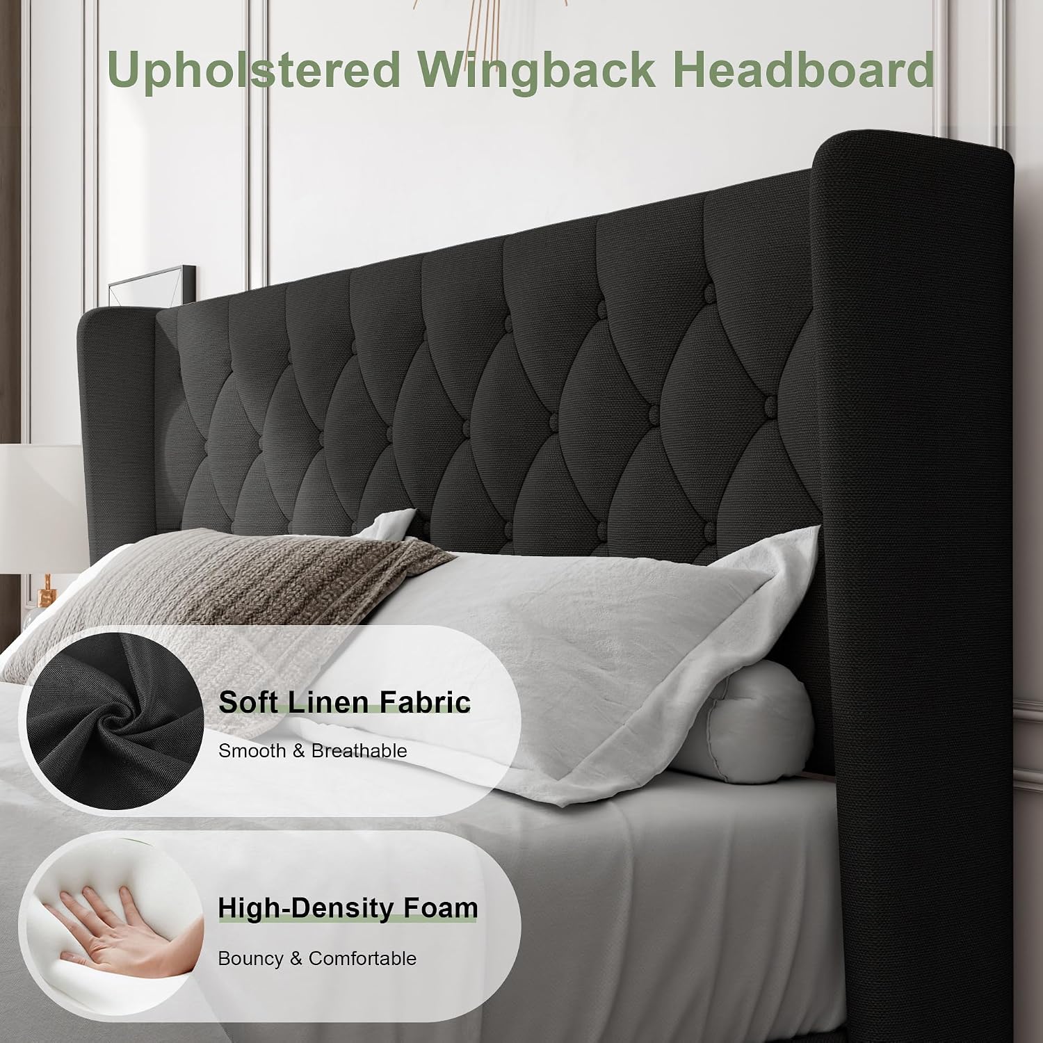 Feonase King Size Bed Frame with Wingback Tufted Headboard, Upholstered Platform Bed Frame with Heavy Duty Wooden Slats Support, Noise-Free, No Box Spring Needed, Easy Assembly, Black