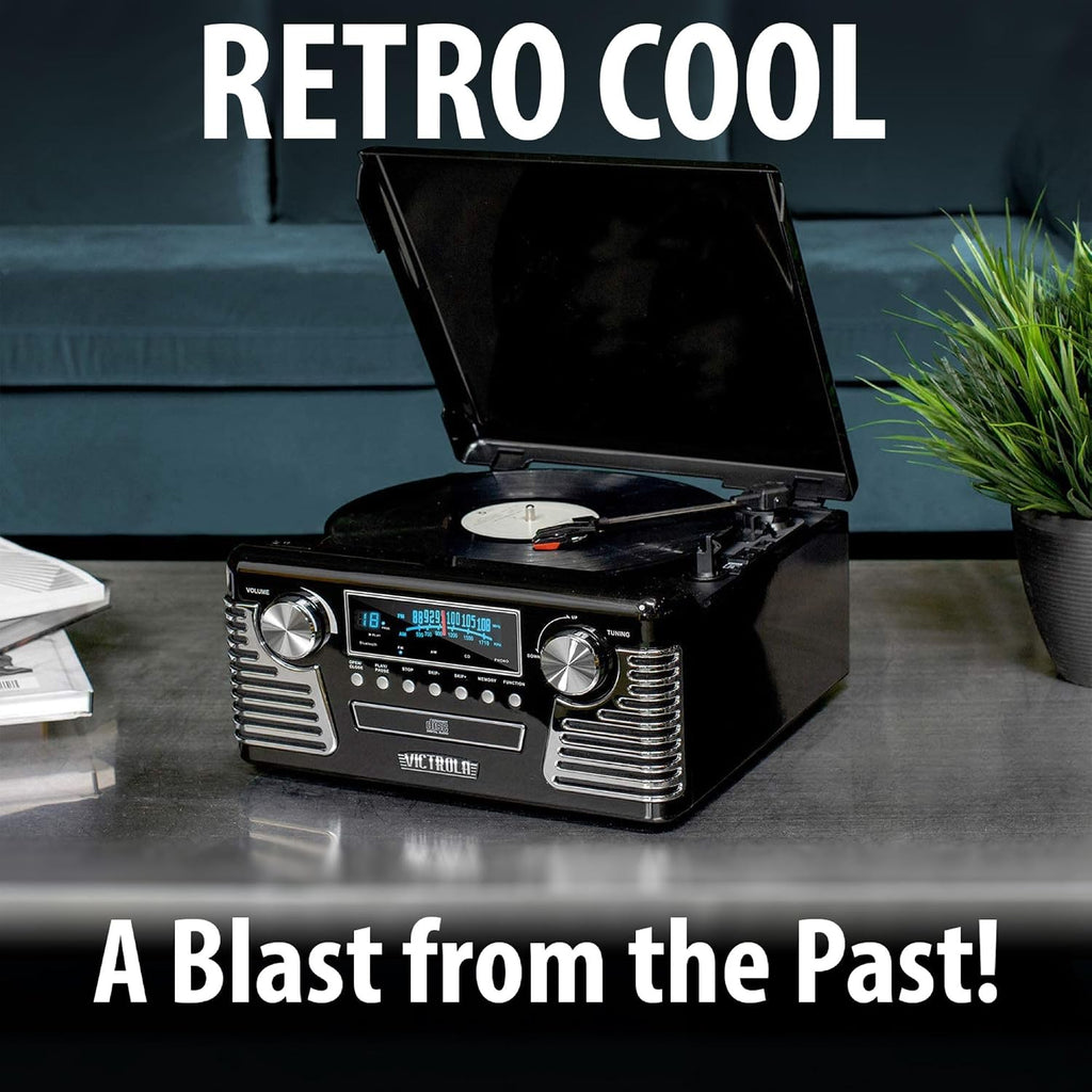 Victrola Haley Retro Bluetooth Record Player & Multimedia Center with Built-in Speakers - 3-Speed Turntable, CD Player, AM/FM Radio, 3.5mm Aux-In, Wireless Music Streaming, Black