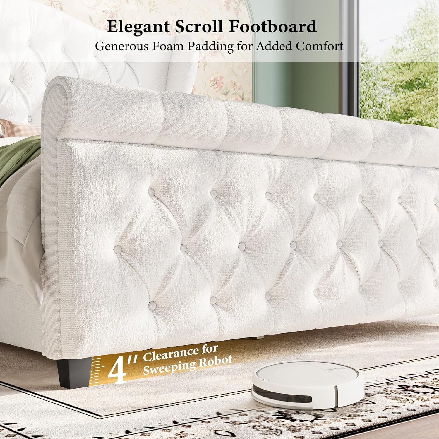 koorlian Queen Size Bed Frame,Chenille Upholstered Sleigh Bed with Scroll Wingback Headboard & Footboard,Luxury & Soft Button Tufted Queen Modern Bed,Easy Assembly,No Box Spring Needed