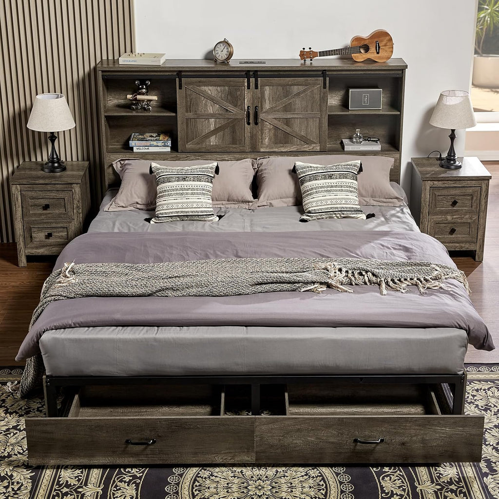 VanAcc Queen Size Bed Frame, Wooden Platform Storage Bed with 51.2' Bookcase Headboard, 2 Drawers, Charging Station/No Box Spring Needed/Noise Free(Rustic Grey)