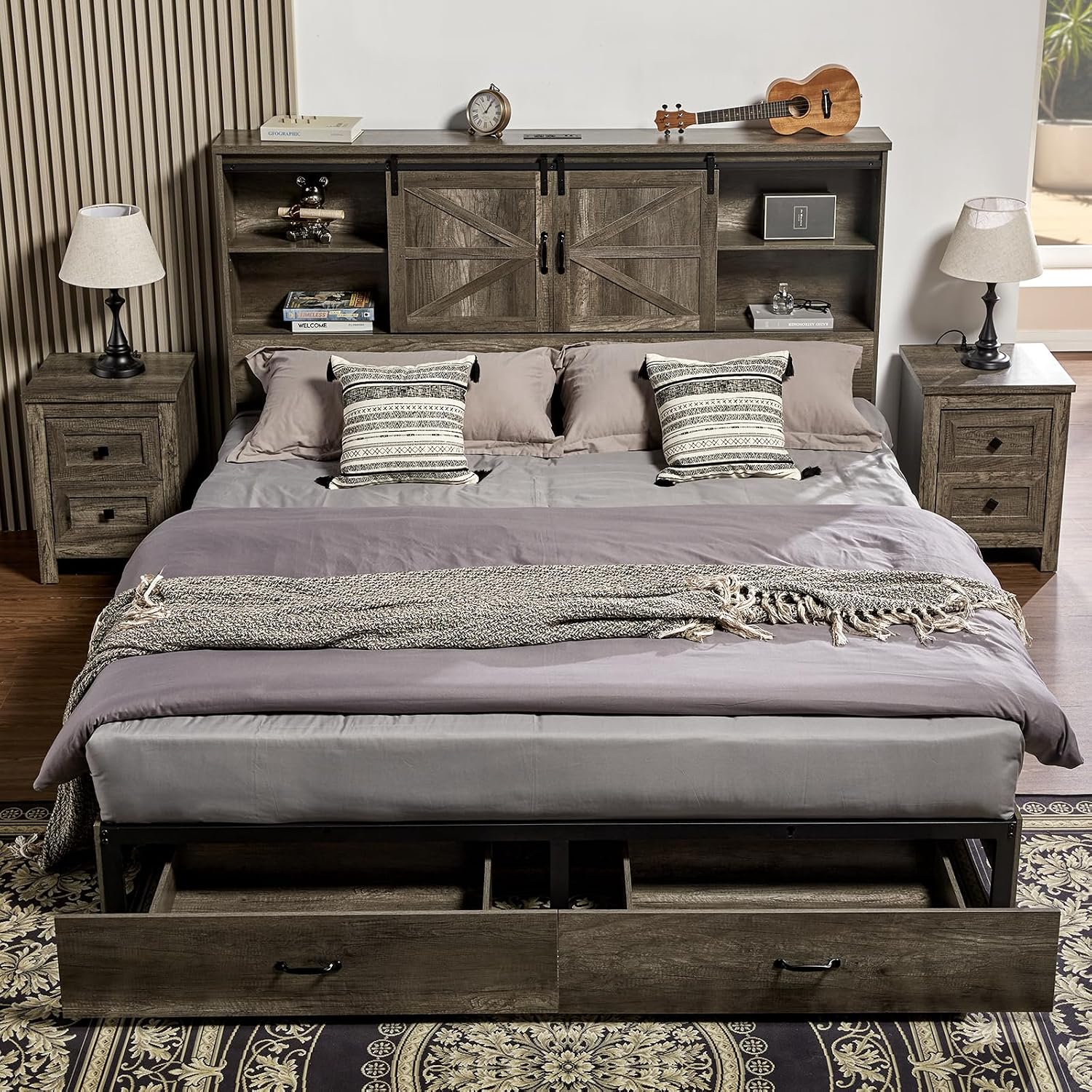 VanAcc Full Size Bed Frame, Wooden Platform Storage Bed with 51.2' Bookcase Headboard, 2 Drawers, Charging Station/No Box Spring Needed/Noise Free(Rustic Grey)