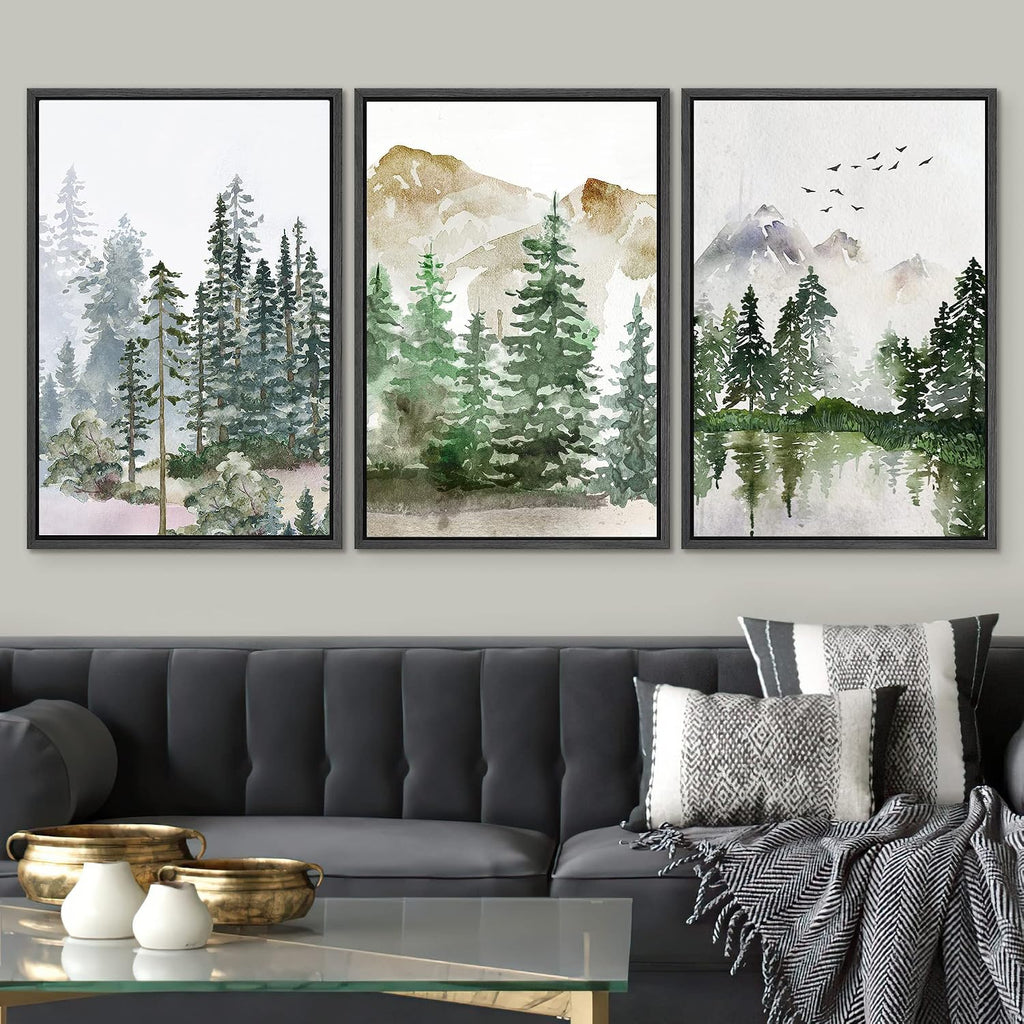 SIGNWIN Framed Canvas Print Wall Art Set Pastel Mountain Range Forest Mist Nature Wilderness Illustrations Modern Art Decorative Rustic Calm/Zen for Living Room, Bedroom, Office - 16'x24'x3 Black