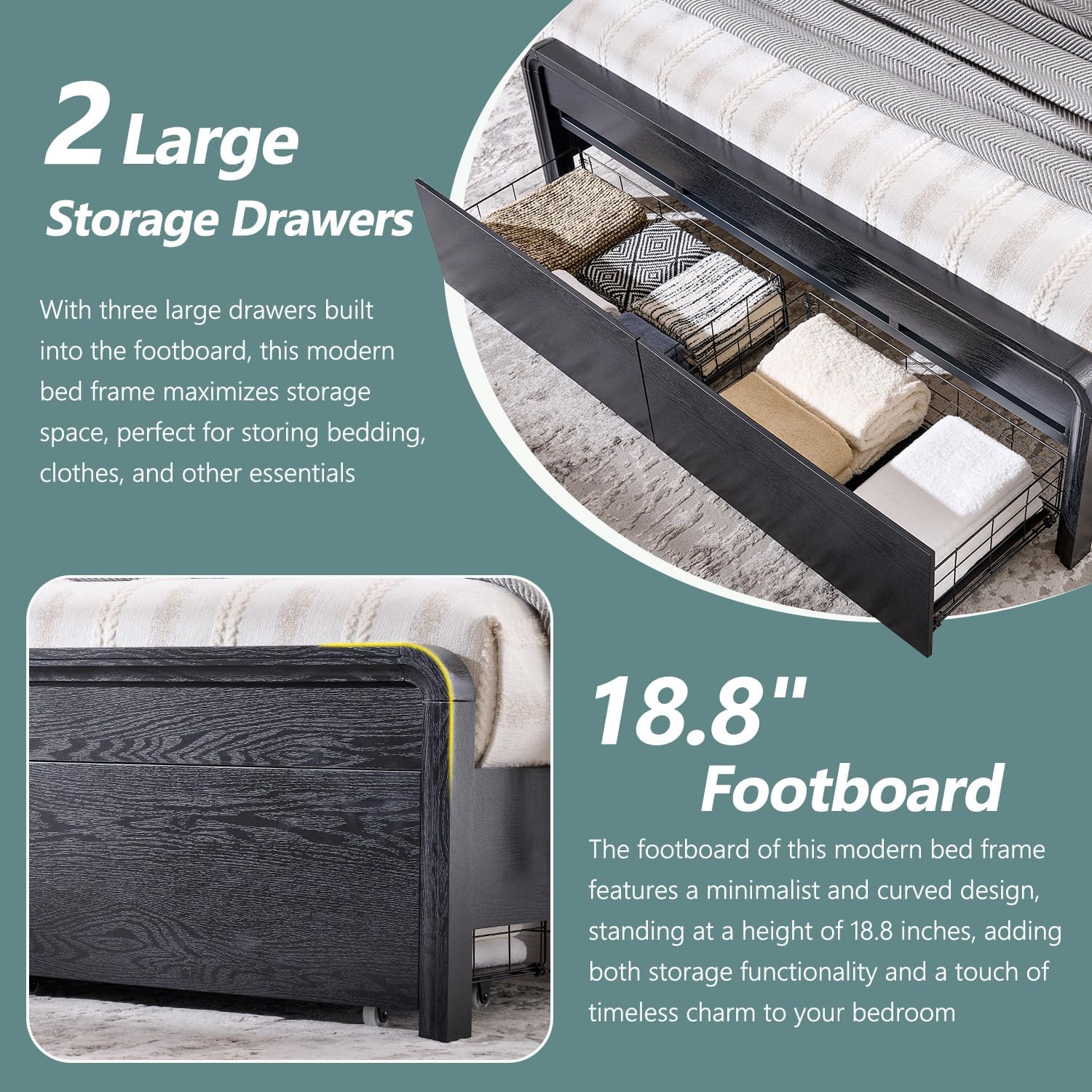 Aitjunz Modern Queen Size Bed Frame with 50' Tall Headboard, Wood Queen Size Platform Bed Frame w/3 Storage Drawers, Curved Profile Design, Wood & Steel Platform Bed, No Box Spring Needed, Black