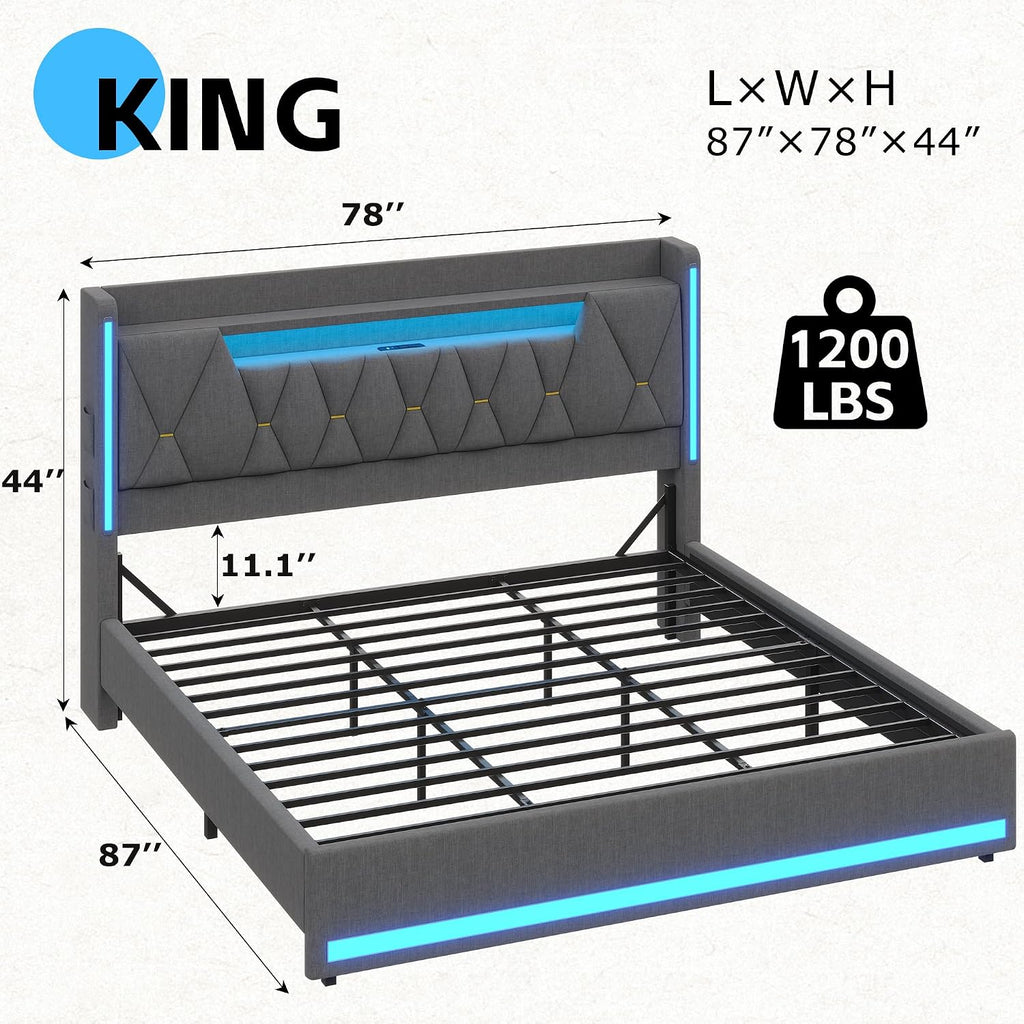 BYSAUD King Size Bed Frame with Storage Headboard, Upholstered King Platform Bed Frame with LED Lights and Charging Station, No Noise, Heavy Duty Metal Support, No Box Spring Needed, Dark Gray, Linen