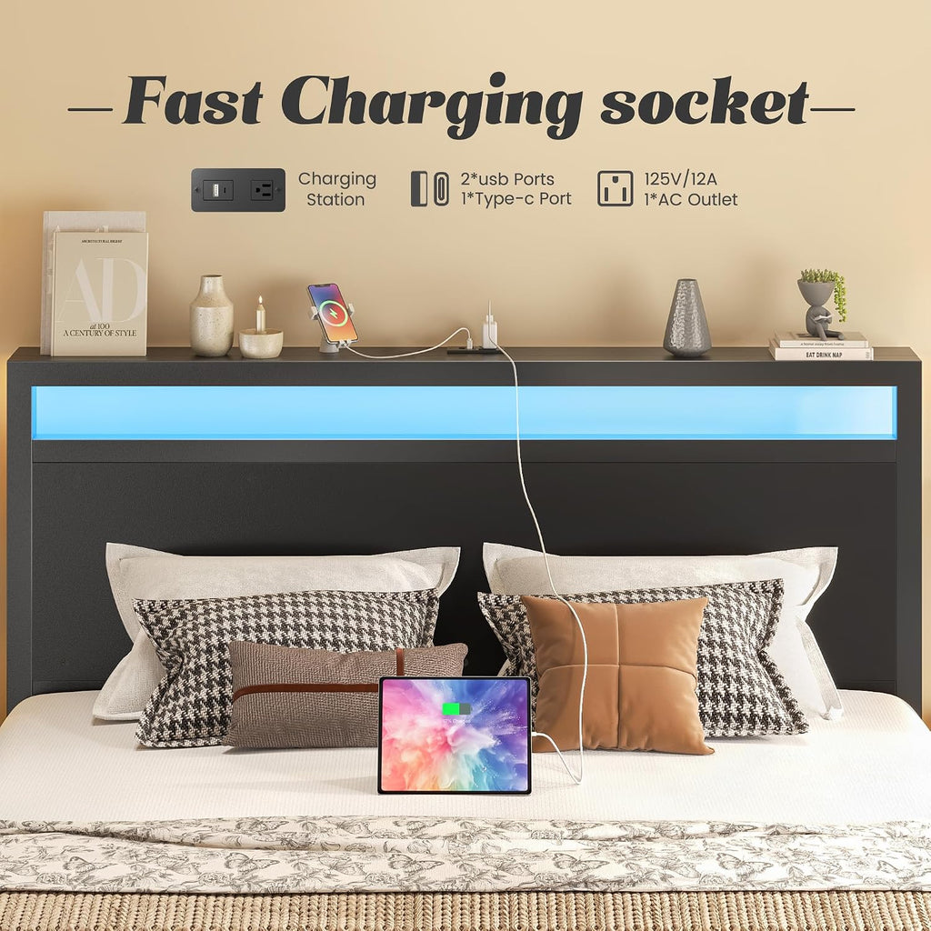 Fluest Queen Bed Frame with Headboard & Footboard, Bed Frame with Built-in Charging Station & LED Light, Storage Shelf, Noise-Free, No Box Spring Needed, Easy Assembly, Classic Black