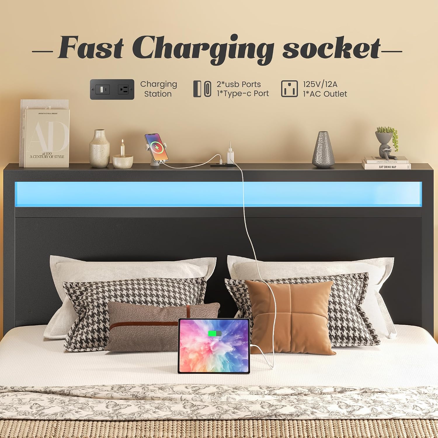 Fluest Queen Bed Frame with Headboard & Footboard, Bed Frame with Built-in Charging Station & LED Light, Storage Shelf, Noise-Free, No Box Spring Needed, Easy Assembly, Classic Black