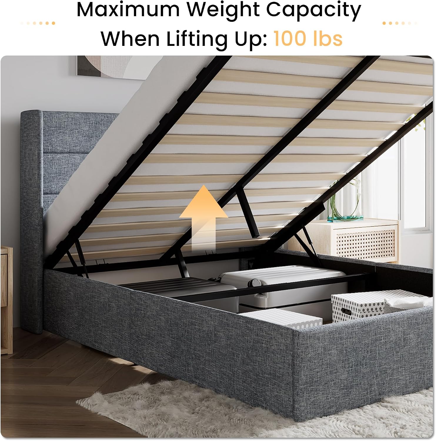 SHA CERLIN Queen Size Lift Up Storage Bed/Modern Wingback Headboard/Upholstered Platform Bed Frame/Hydraulic Storage/No Box Spring Needed/Wood Slats Support/Grey Blue