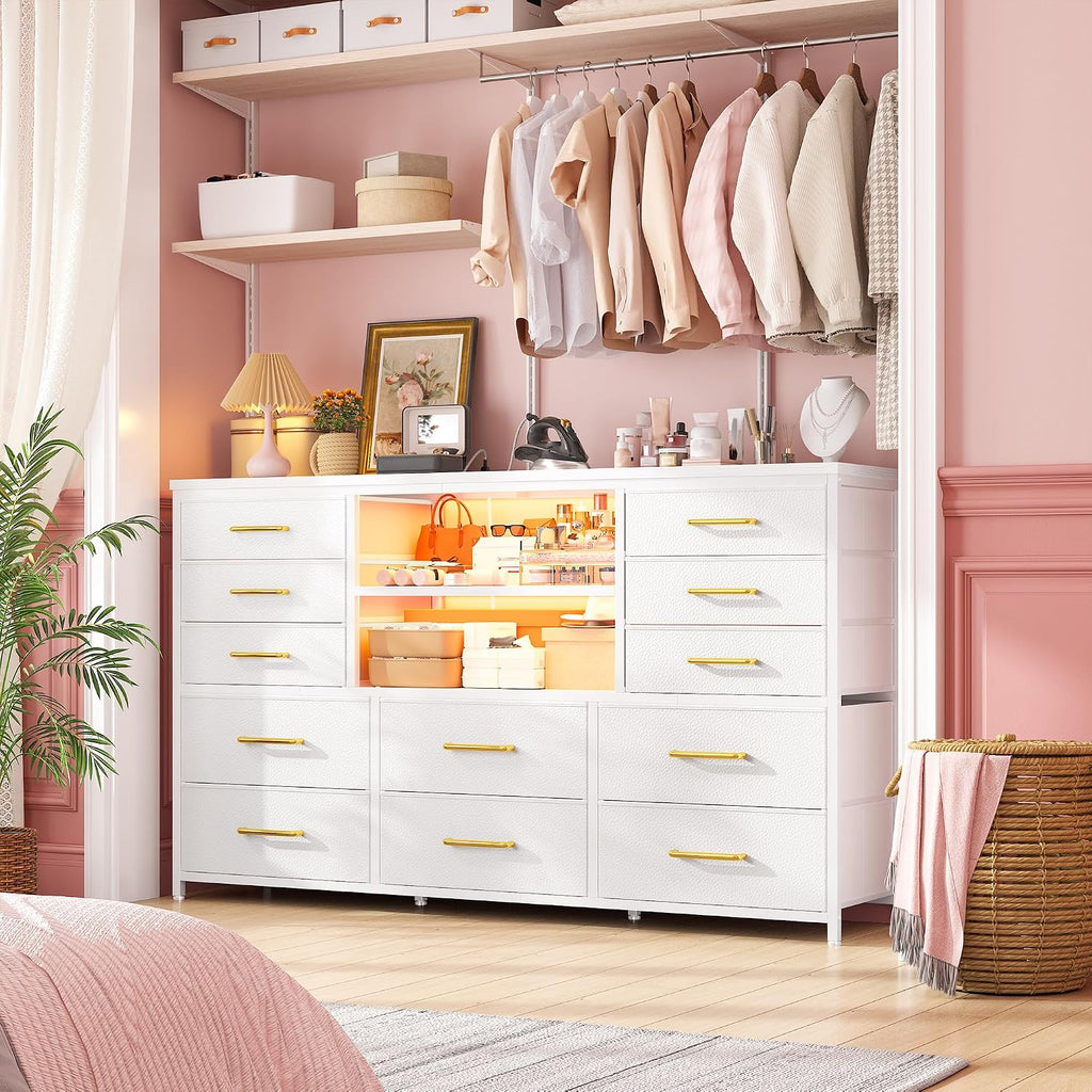EnHomee 12 Drawers Dresser for Bedroom with LED Lights & Charging Station, TV Stands for 55/60'' TV, Fabric Dressers & Chests of Drawers with 3 Wooden Shelves for Hallway,Sturdy,White