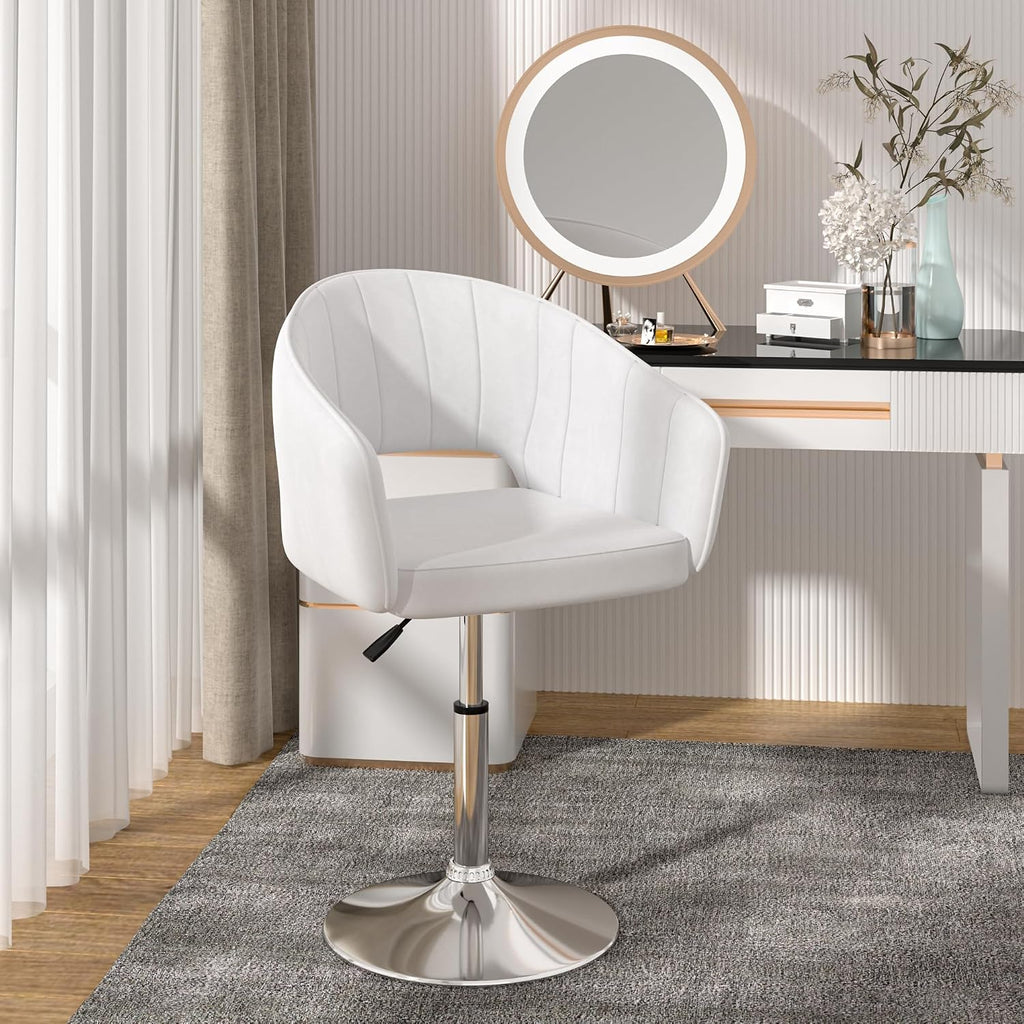 VECELO Velvet Accent Chair Set of 2, Adjustable Luxury Vanity & Dining Chair with Gold Barstool Base, 360°Swivel Upholstered Armchair for Living Room, Bedroom, Home Office, Pearl White