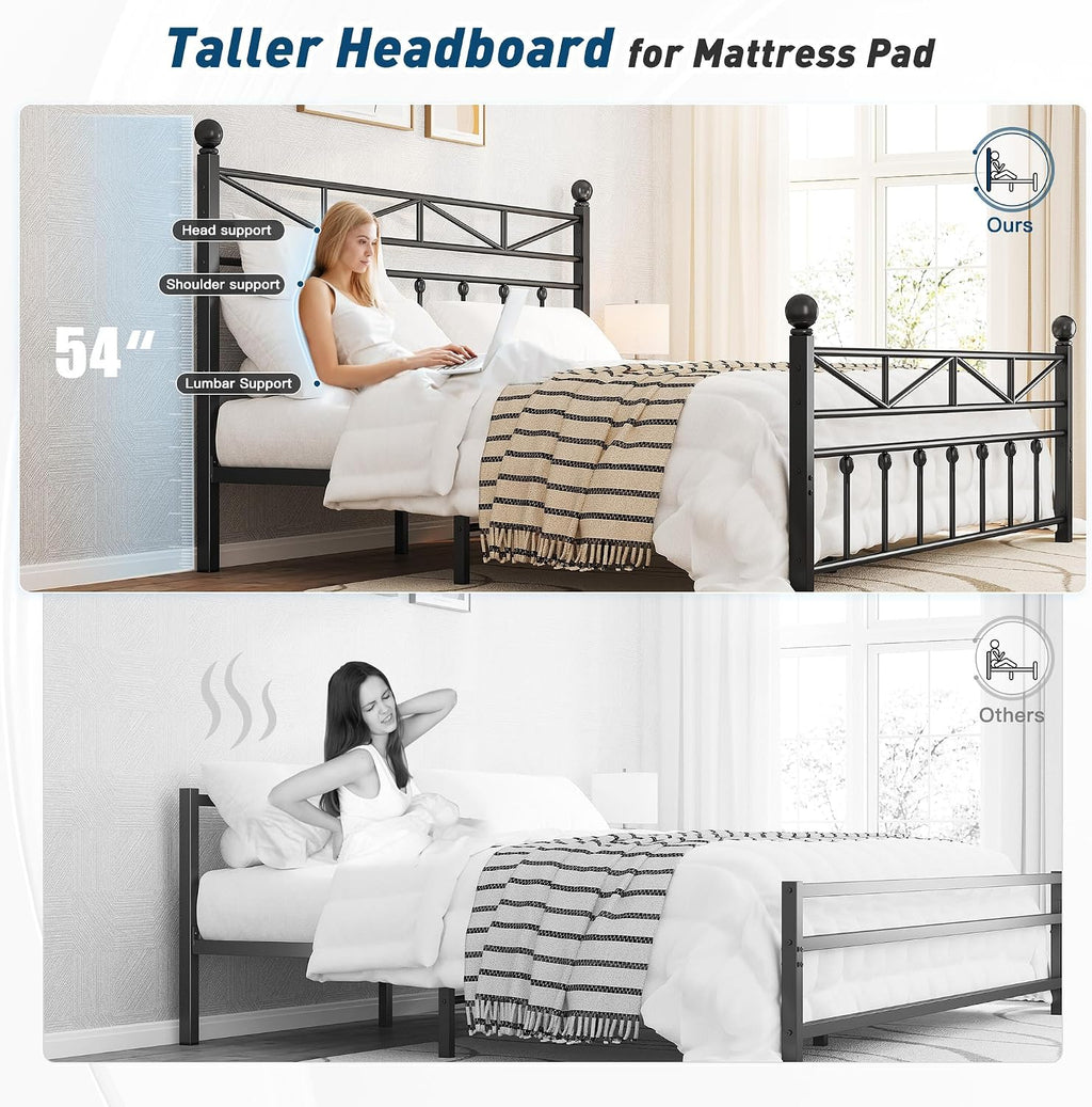 EnHomee 14.2' Metal Full Size Bed Frame with Tall Headboard & Footboard, LED Light Full Bed Frame, Strong Metal Slats Support and Noise-Free Design with Under Bed Storage/No Box Spring Needed/Black