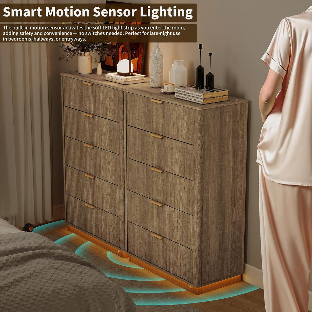 Dresser and Nightstand Sets 3 Piece, Bedroom Set with Charging Station, Large 5 Drawer Dresser for Bedroom and Night Stand Set of 2, Mid Century Modern Bedroom Furniture Set with Motion Sensor Lights