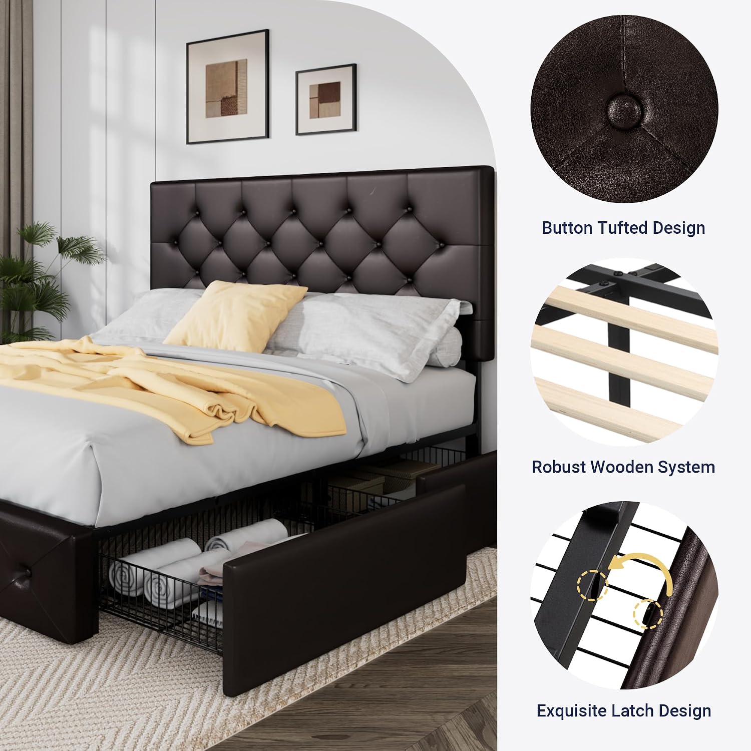 Allewie Upholstered Queen Size Platform Bed Frame with 4 Storage Drawers and Headboard, Diamond Stitched Button Tufted, Mattress Foundation with Wooden Slats Support, No Box Spring Needed, Black Brown