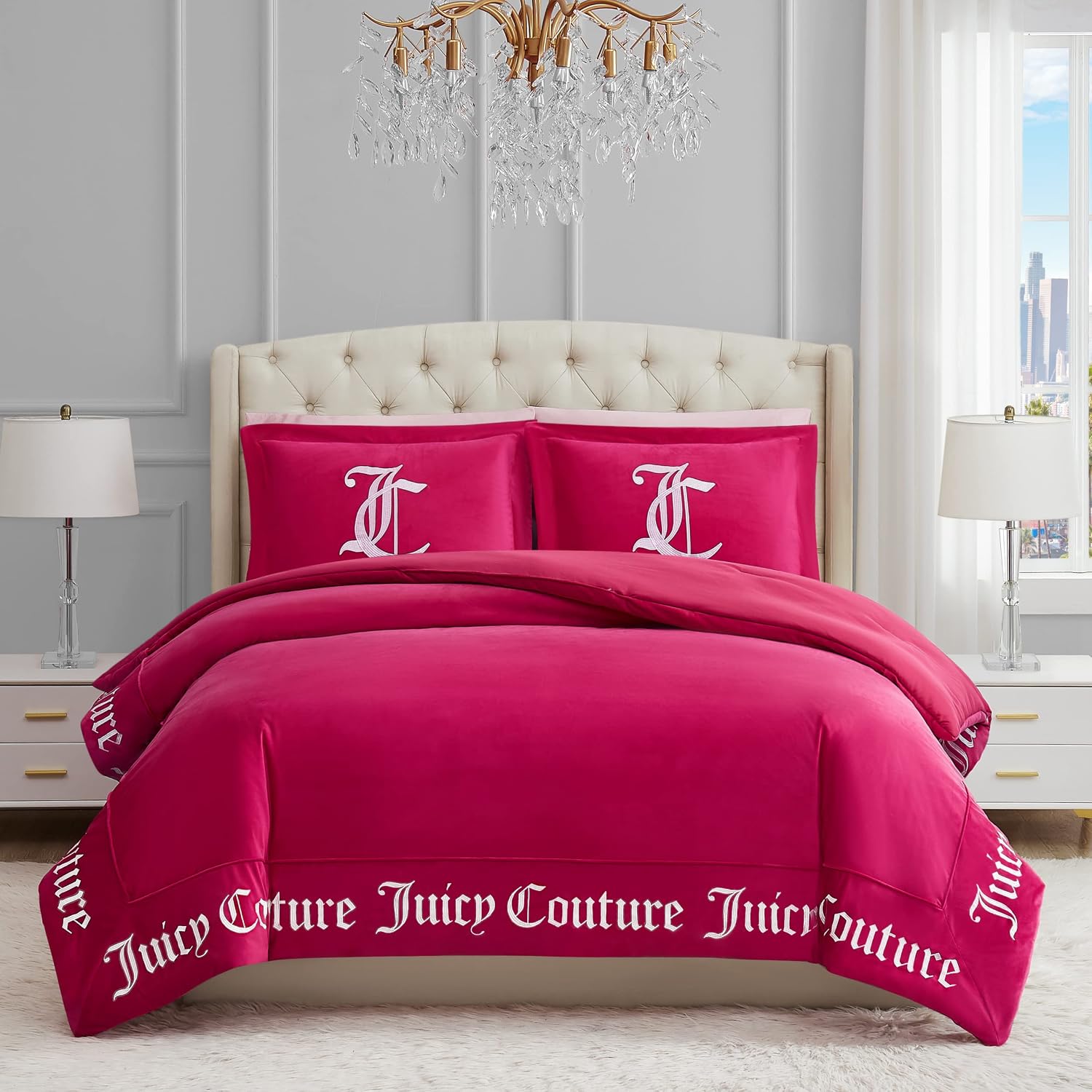 Juicy Couture - Comforter Set - Gothic Design Bedding - King - 3 Piece Set Includes (1) 108' x 92' Comforter and (2) 20' x 36' Shams - Wrinkle Resistant - Premium Bedroom Decor - Hot Pink