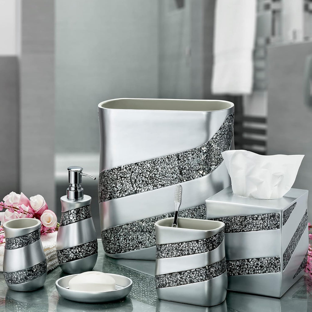 Creative Scents Silver Mosaic Bathroom Accessories Set Complete - 6 Piece Bathroom Set Includes: Bathroom Trash Can, Tissue Cover, Soap Dispenser, Toothbrush Holder, Tumbler & Soap Dish