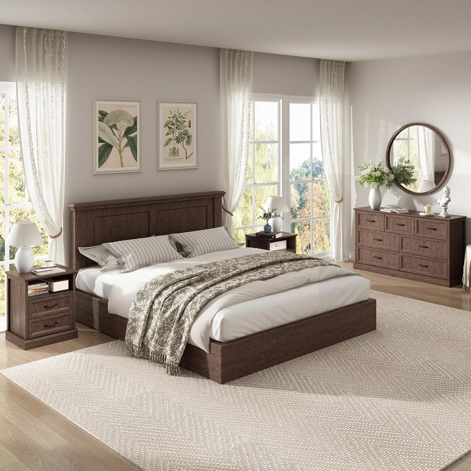 CARPETNAL Farmhouse Dresser and Nightstand Sets for Bedroom, 3 Pcs Bedroom Set, 7 Drawer Dresser & Nightstand Set of 2, Modern Wood Chest of Drawers for Bedroom, Living Room, Entryway, Brown