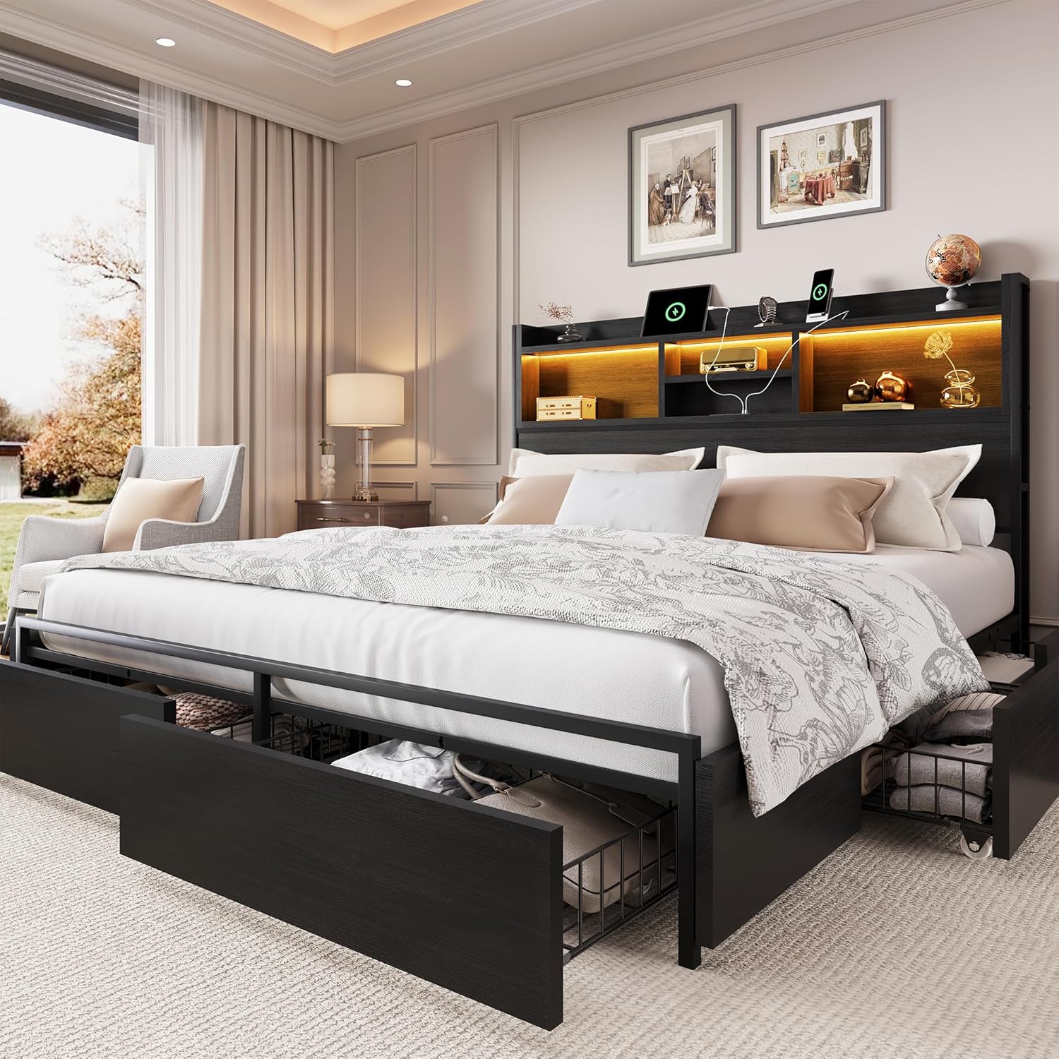 LARMACE Queen Size Bed Frame with 6 Storage Drawers and Headboard Wooden Platform Bed Frame with LED Lights and Charging Station Easy Assembly/No Box Spring Needed/Black