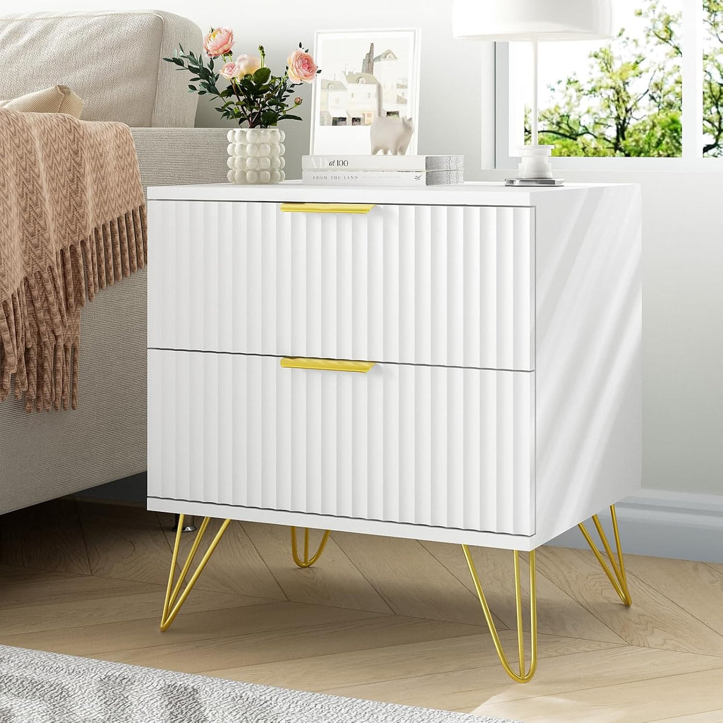 8 Drawer Dresser and Nightstand Sets for Bedroom, 3 Pcs Bedroom Set，Night Stand Set of 2 & 8 Drawer Dresser with Gold Handles, Modern Wood Chest of Drawers Storage Cabinet Set, White