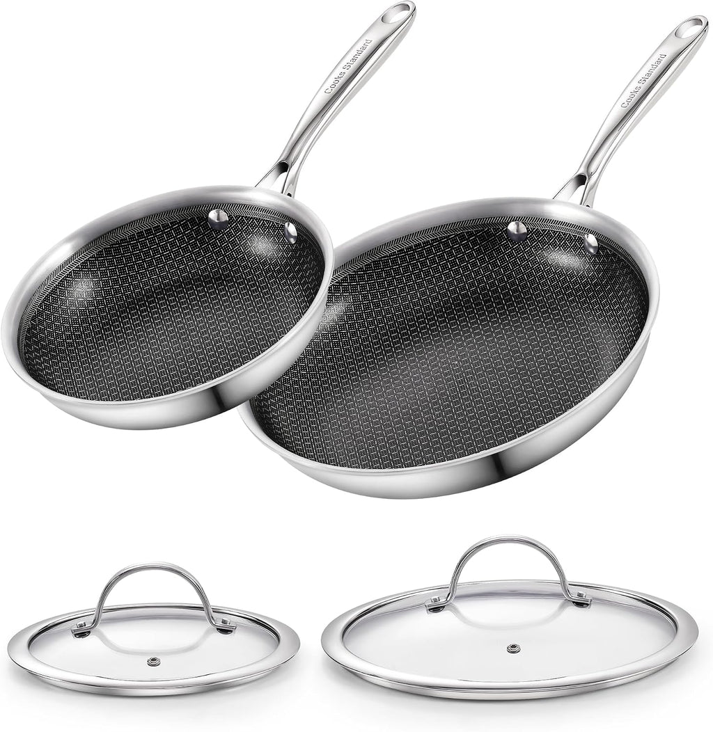 Cooks Standard Hybrid Mutli-Ply Clad 8 and 10.5 Inch Nonstick Frying Pan, Stainless Steel Skillet with Tempered Glass Lids, Cool Handle, Oven Safe, Compatible with All Stovetops, 2-Piece