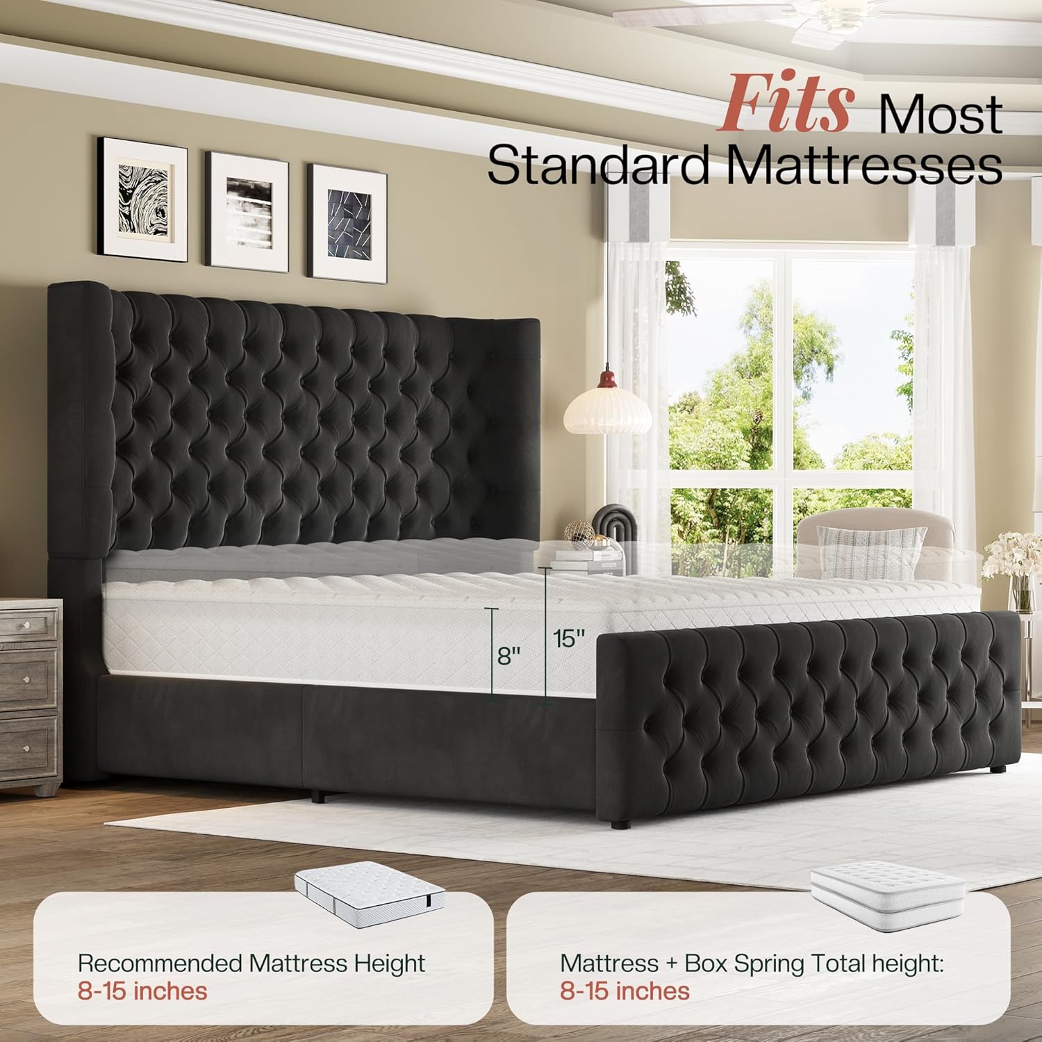 Jocisland King Size Platform Bed Frame, 6.3' Thick Upholstered Curved Wingback Headboard and Footboard with Deep Button Tufted, Easy Assembly, No Box Spring Needed, Black Velvet